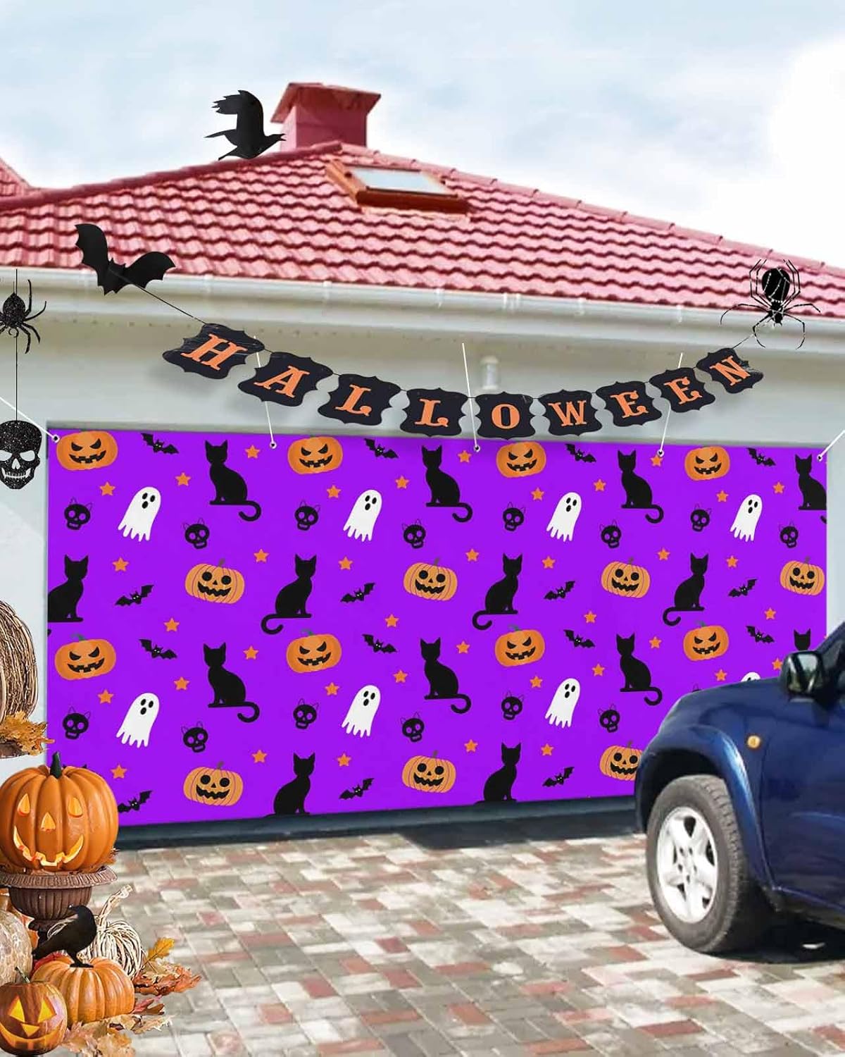 Halloween Ghost Pumpkin Garage Door Cover 7x8ft Purple