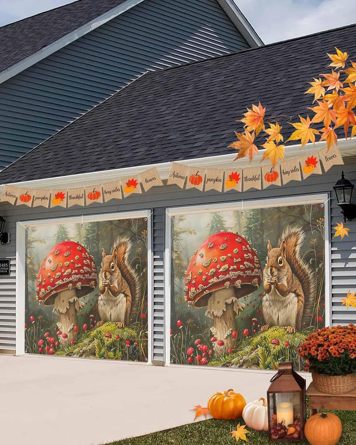 IDOWMAT Fall Squirrel Mushroom Garage Door Cover 7x8ft