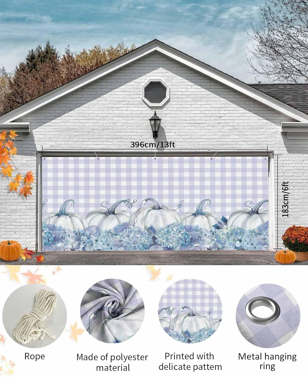 IDOWMAT Fall Thanksgiving Pumpkin Hydrangea Floral Garage Door Cover 6x13ft