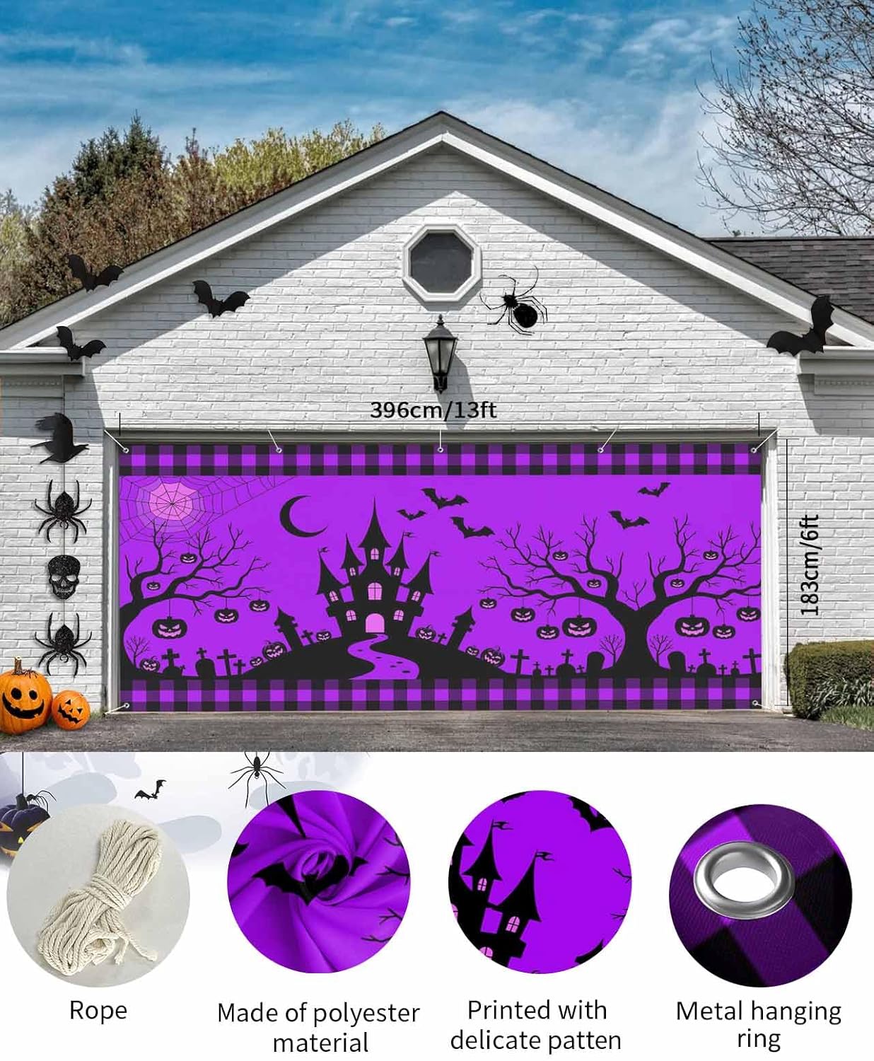 Halloween Castle Bat Garage Door Cover 7x8ft with Grommets