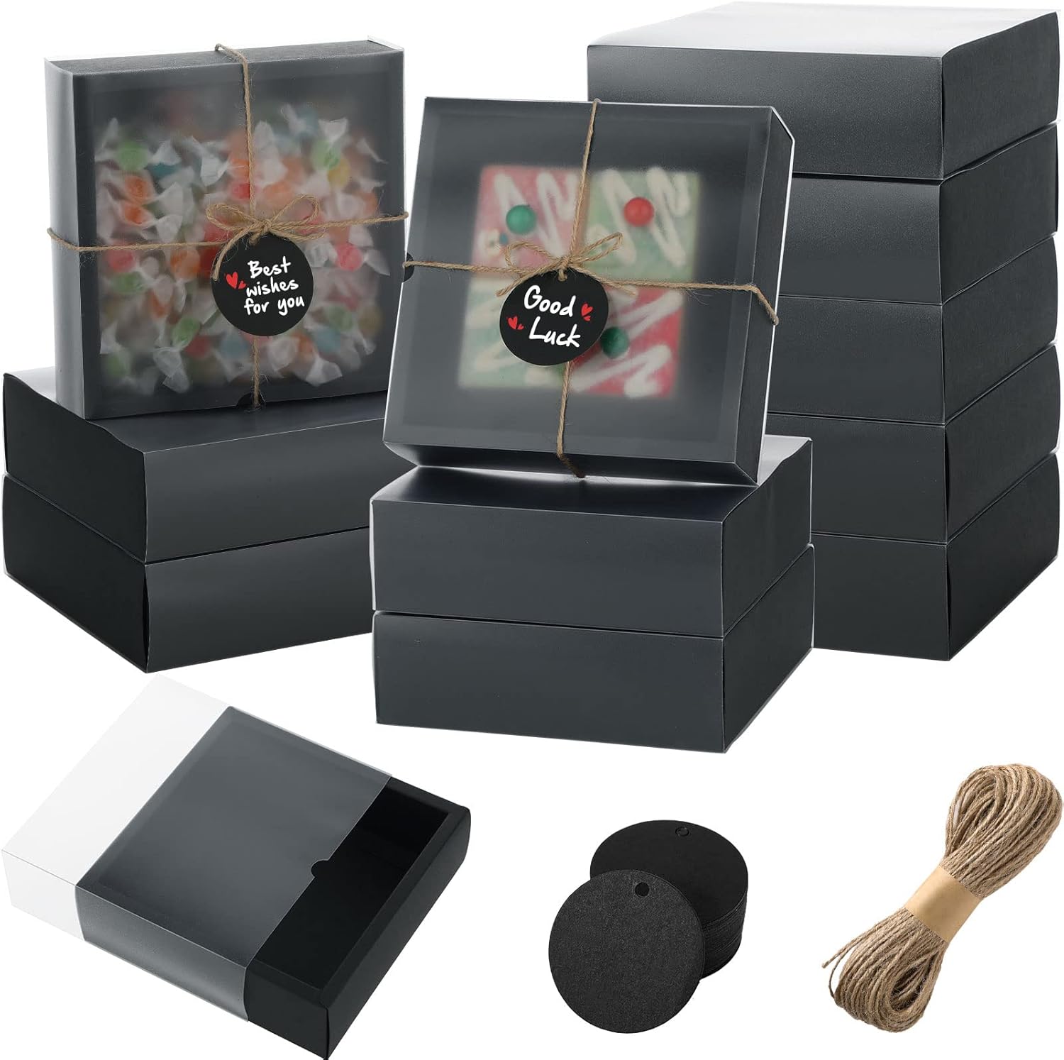 Roowest 50 pcs Rectangle Kraft Gift Boxes with Window Black 65x65x2 Inch