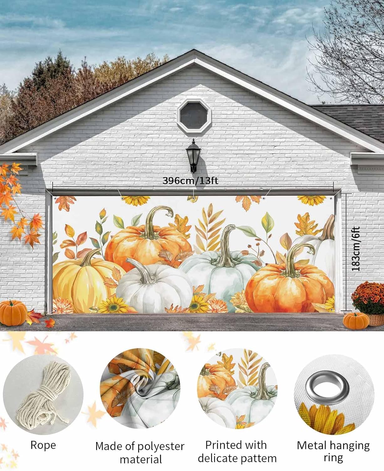 Thanksgiving Fall Pumpkin Floral Garage Door Cover 7x8ft