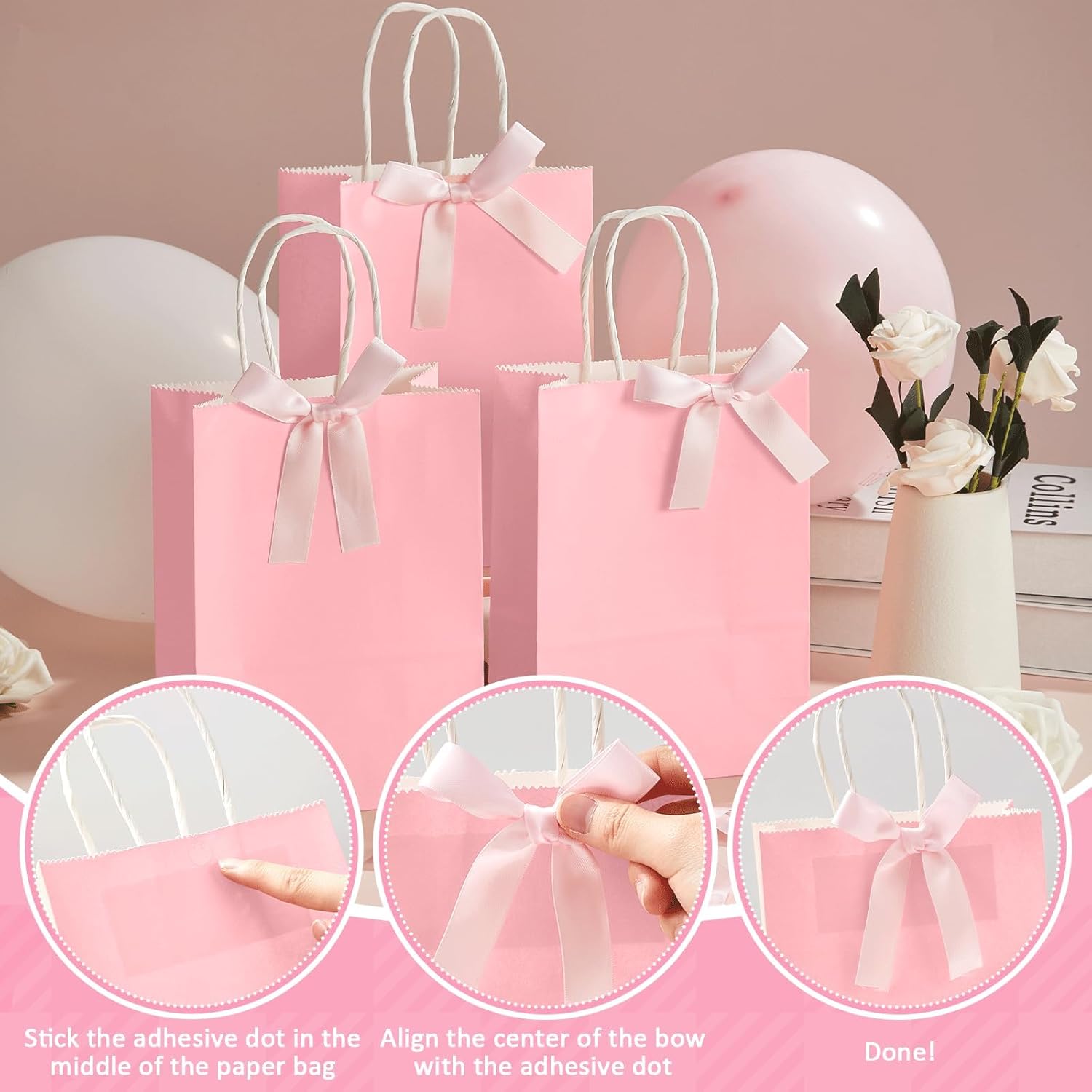 ZOIIWA 24Pcs Pink Bow Gift Bags with Handles