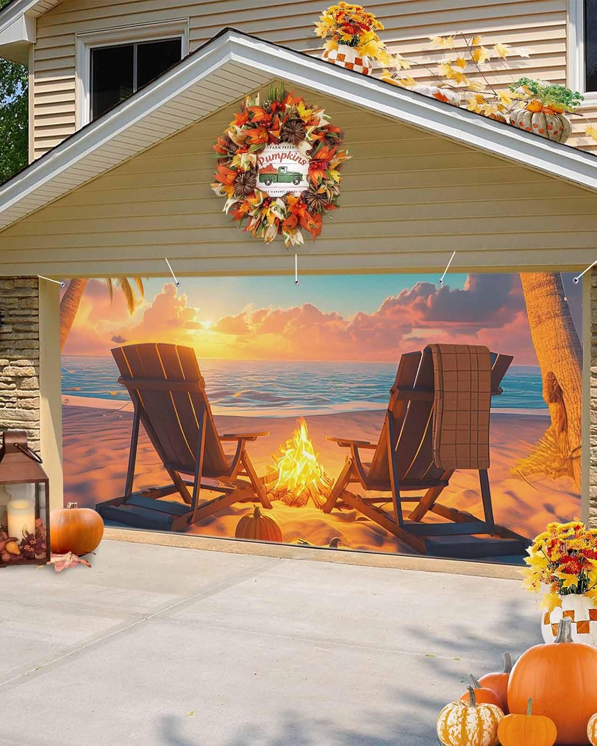 Autumn Bonfire Chair Garage Door Cover 7x8ft with Grommets