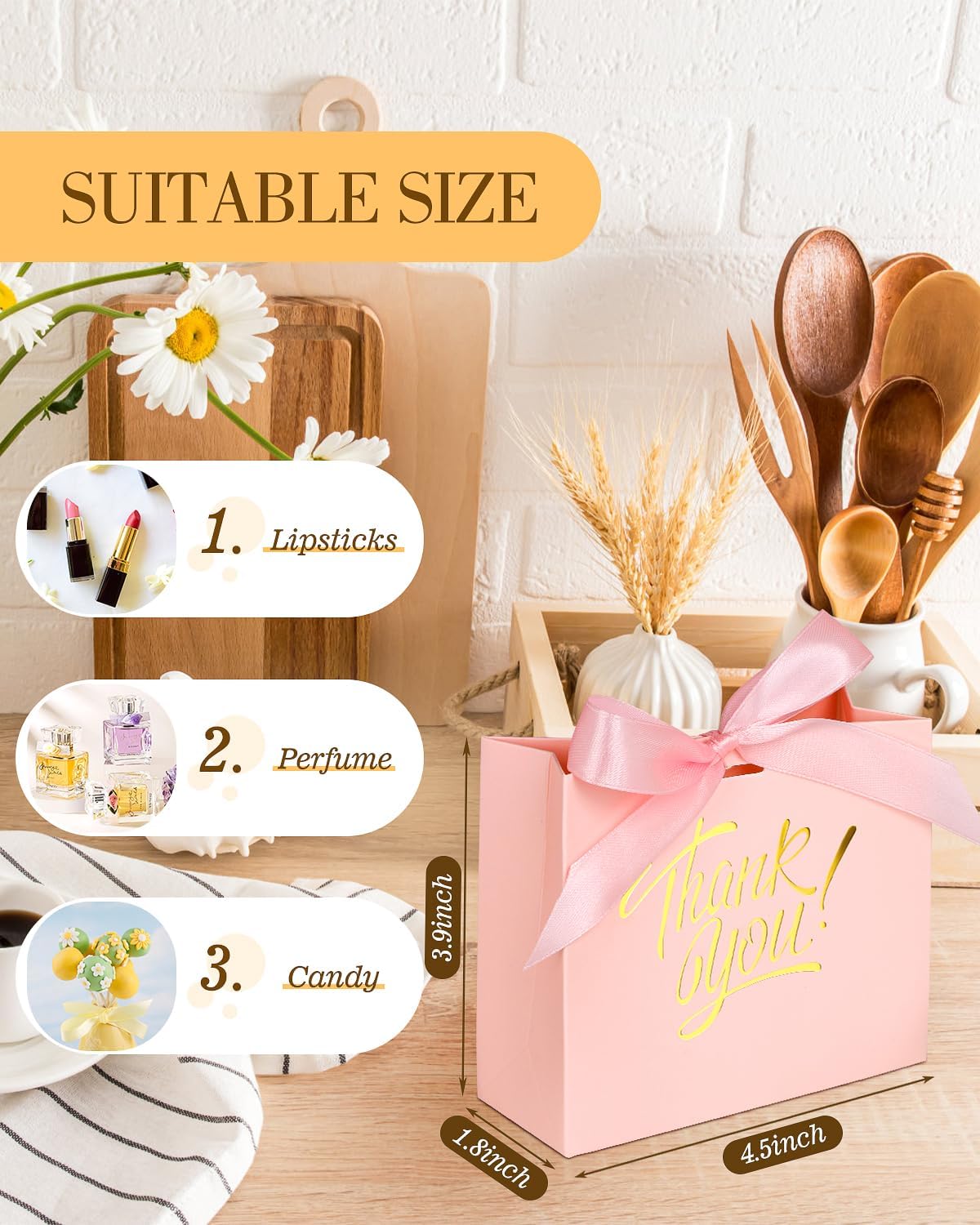 EQOREIIN Small Kraft Gift Bags - 70 Pack with Bow Ribbon Pink 45x18x39 Inches