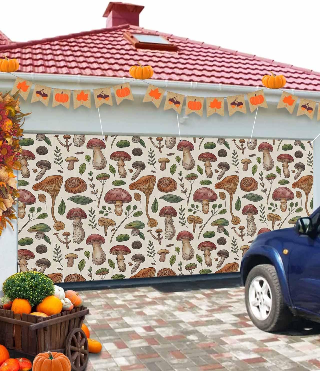 Brown Mushroom Green Leaves Retro Garage Door Cover 7x8ft