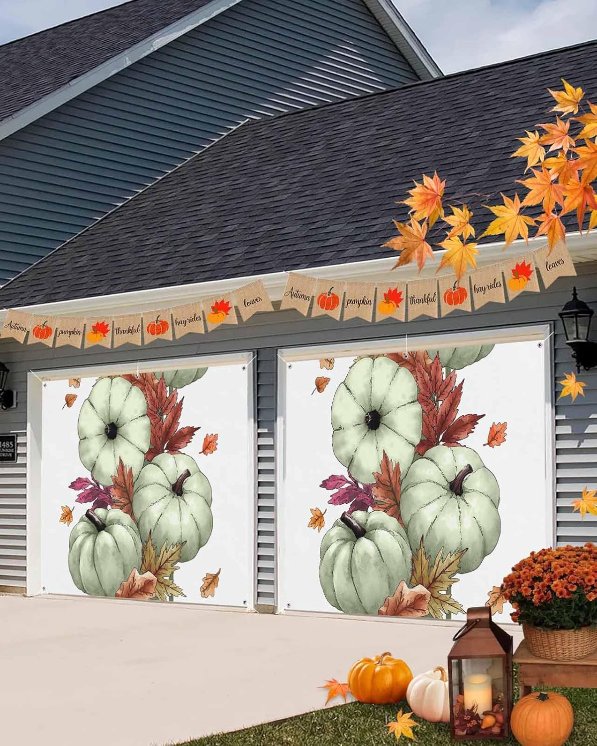 Thanksgiving Sage Green Pumpkin Garage Door Cover 7x8ft