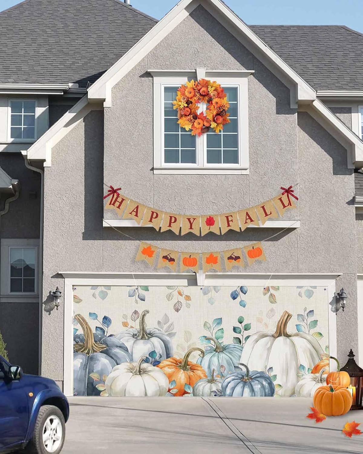 Autumn Pumpkin Garage Door Cover 7x8ft Blue Eucalyptus Leaves Hanging Banner