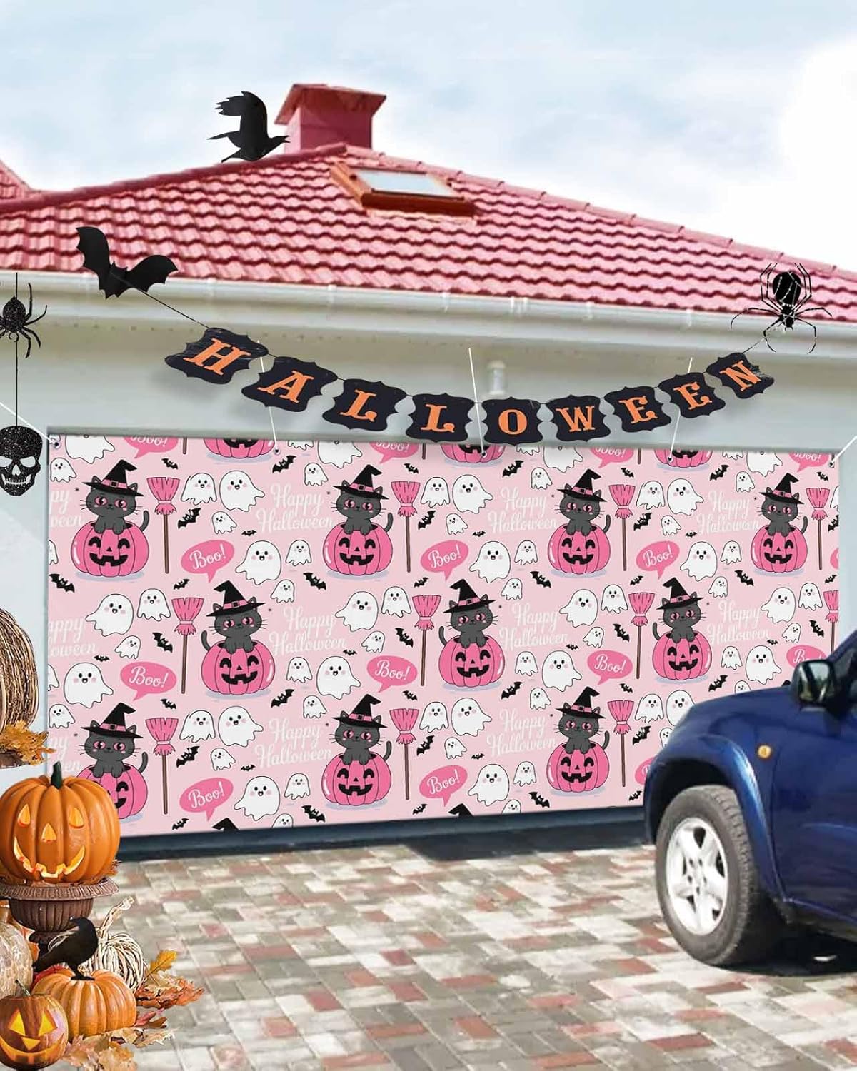 IDOWMAT Cartoon Pumpkin Cat Broom Garage Door Cover 6x13ft