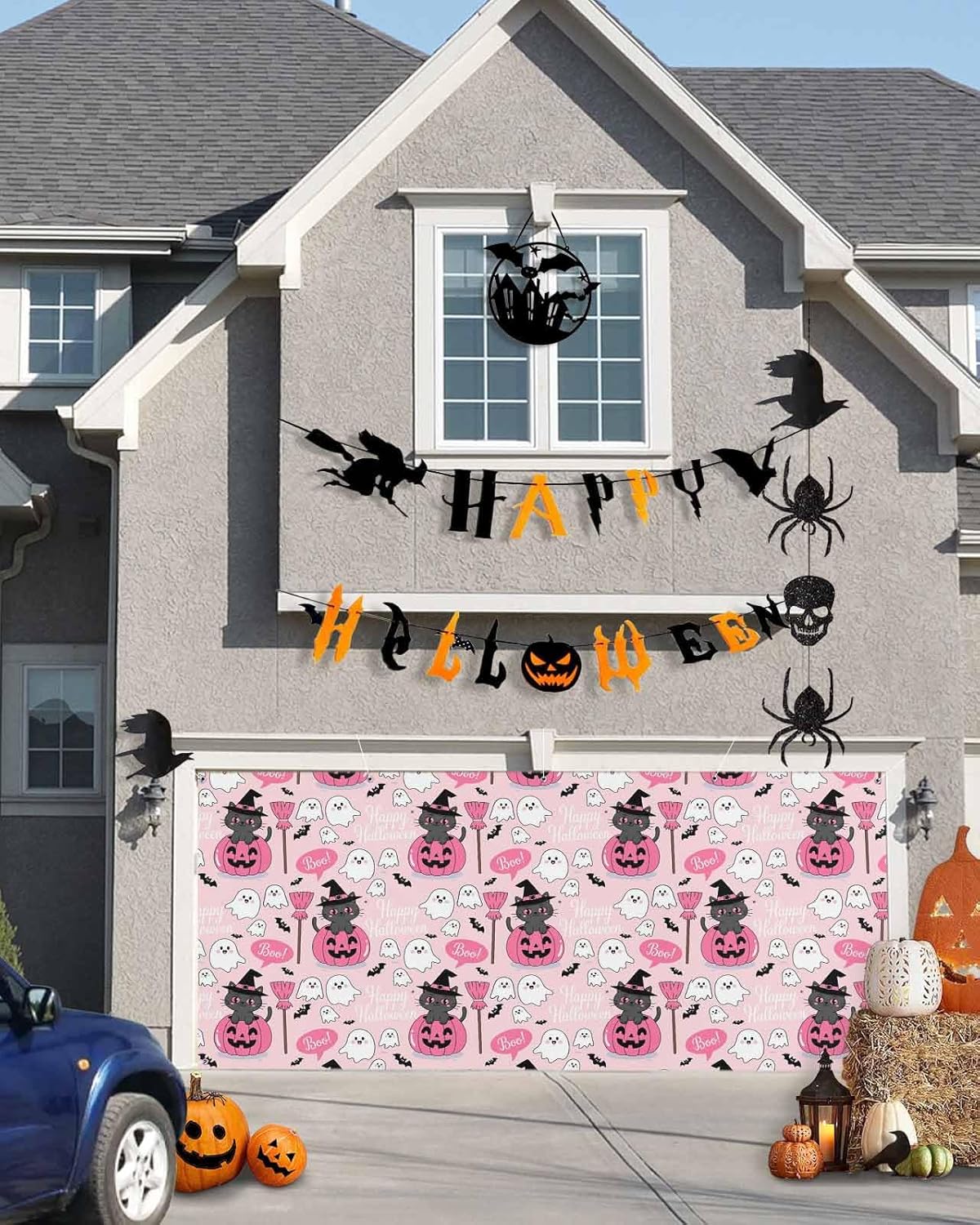 IDOWMAT Cartoon Pumpkin Cat Broom Garage Door Cover 6x13ft