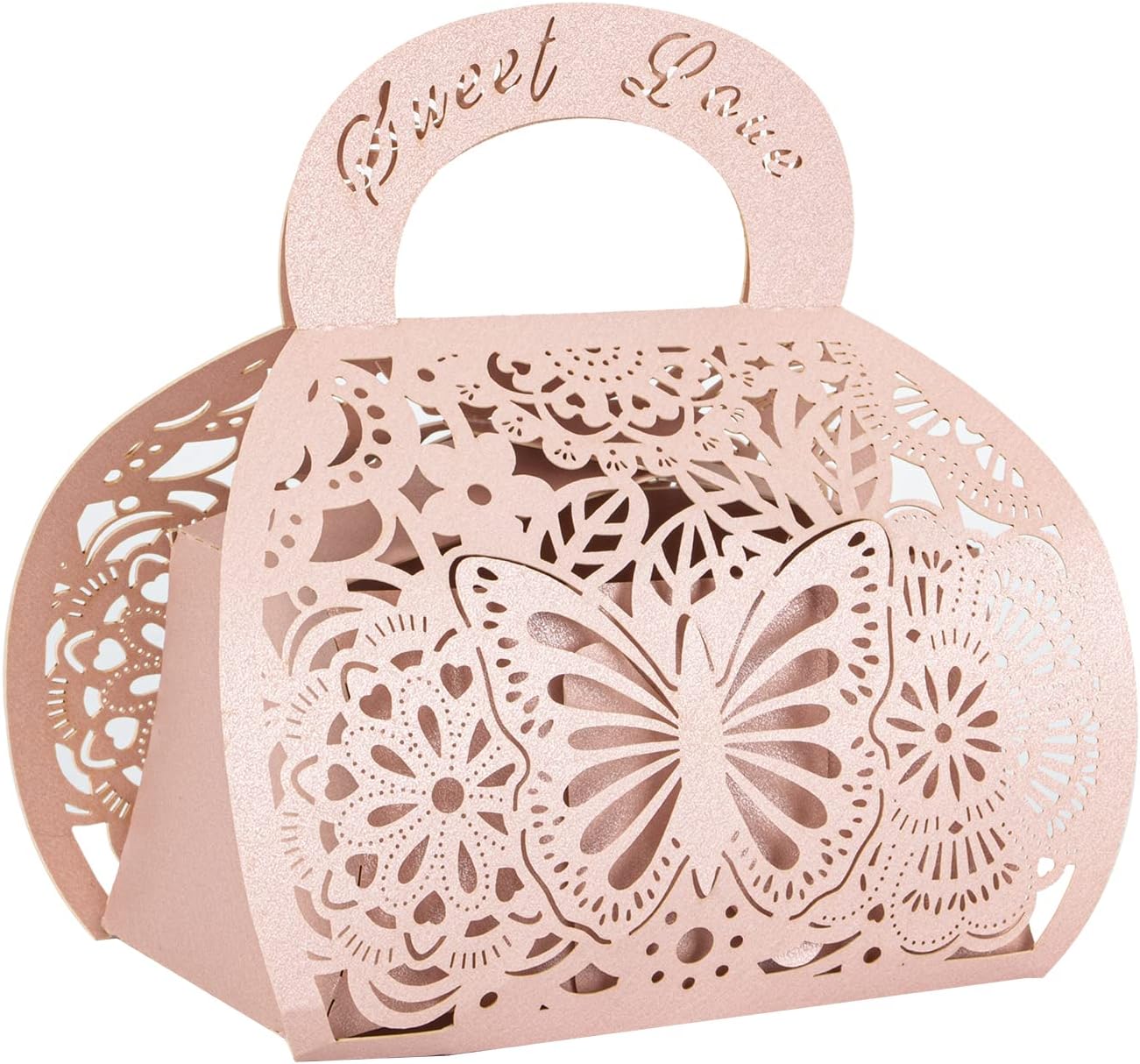 25PCS Pink Laser Cut Favor Boxes with Handle