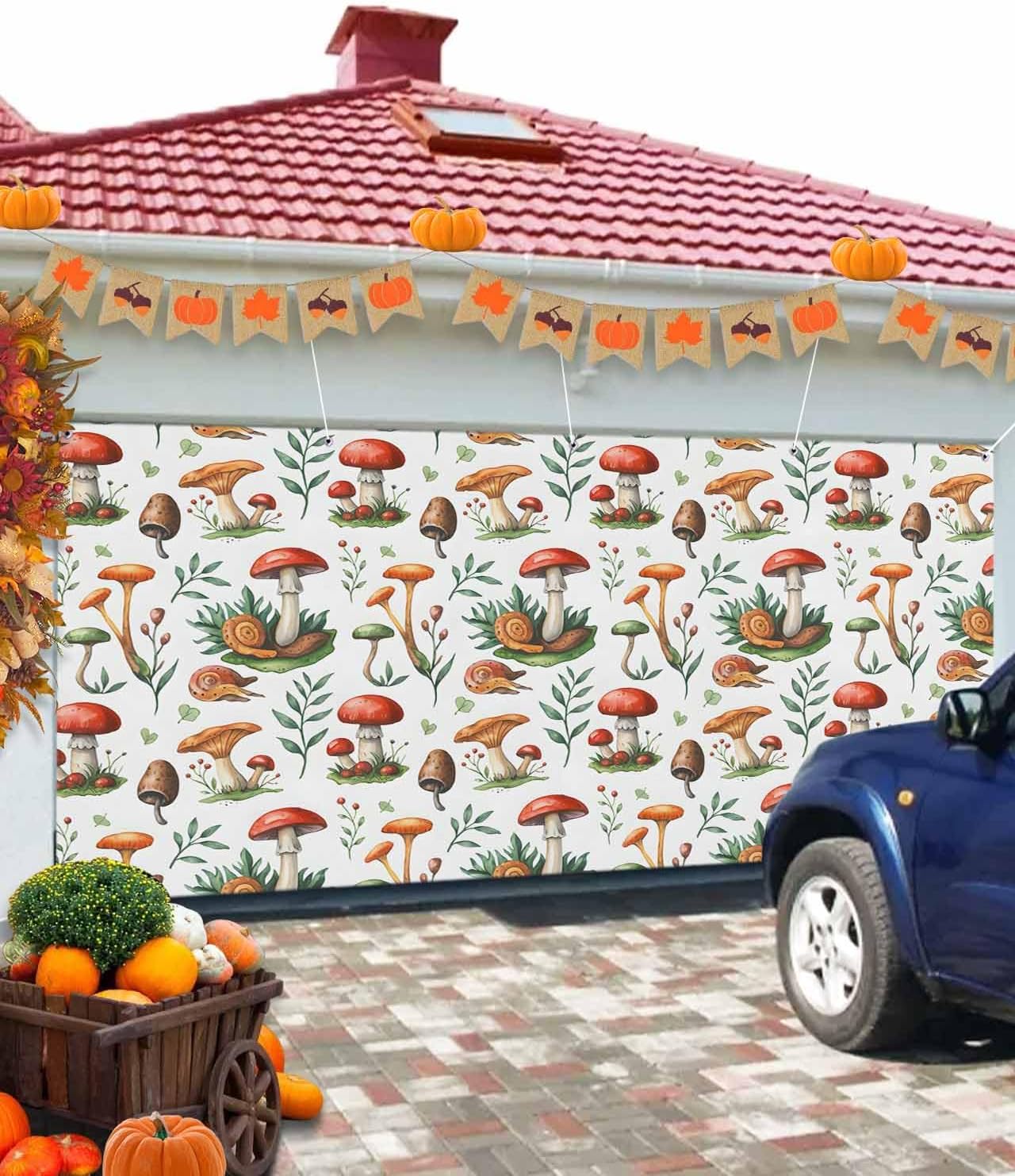 Pastoral Mushroom Garage Door Cover 7x8ft Hanging Banner