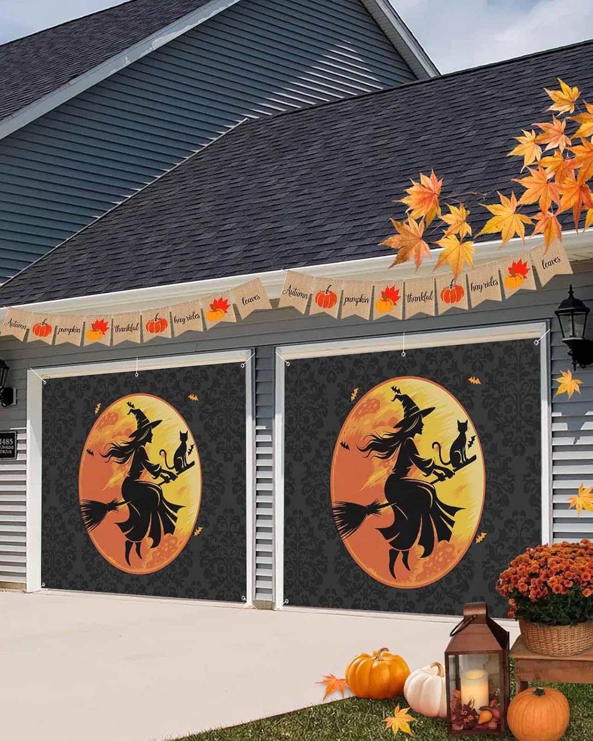 Halloween Black Witch Cat Garage Door Cover 7x8ft