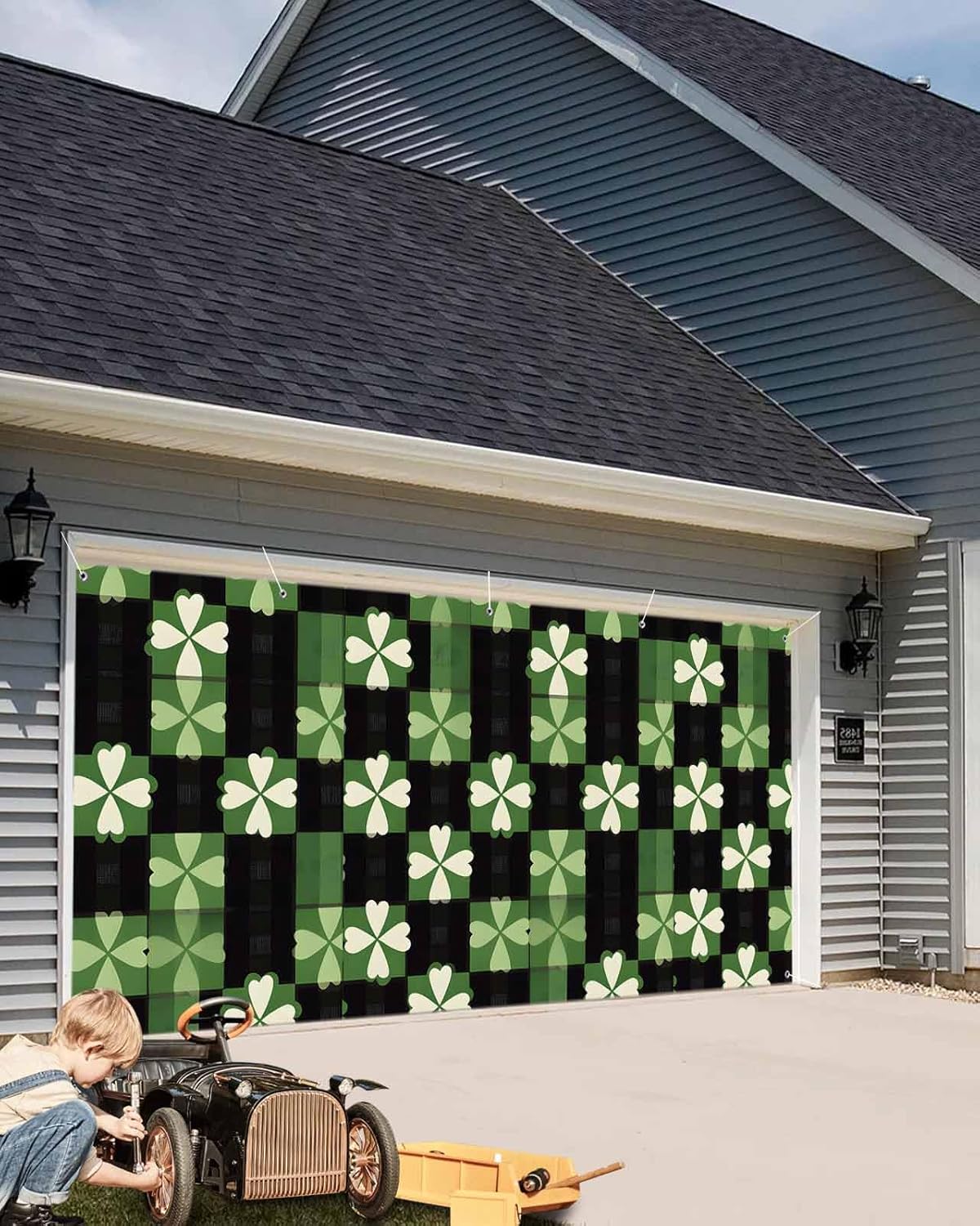 7x8ft St Patricks Day Plaid Garage Door Cover with Grommets