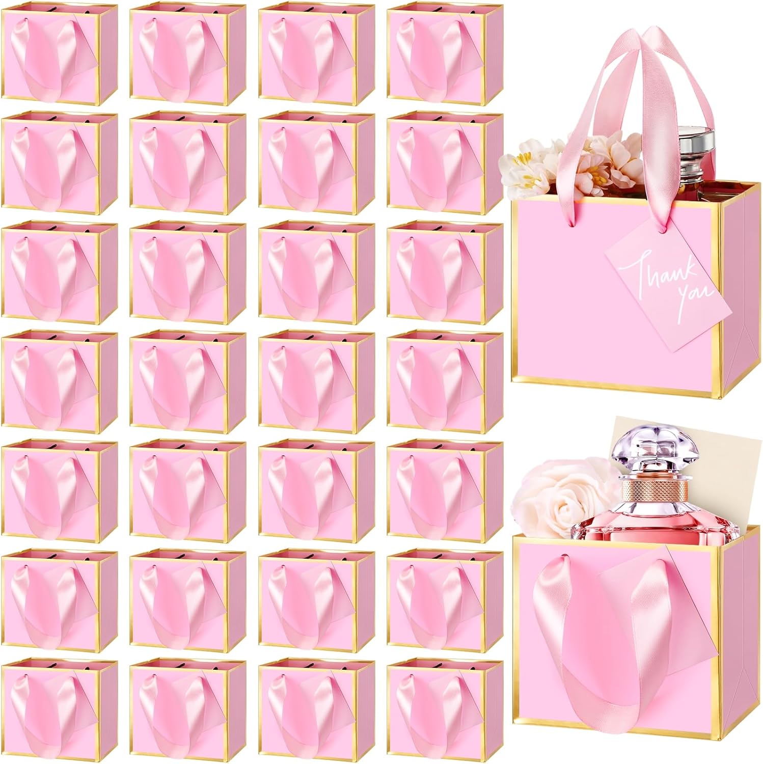 Yeaqee 50 Pcs Mini Metallic Foil Gift Bags with Handles Pink Gold