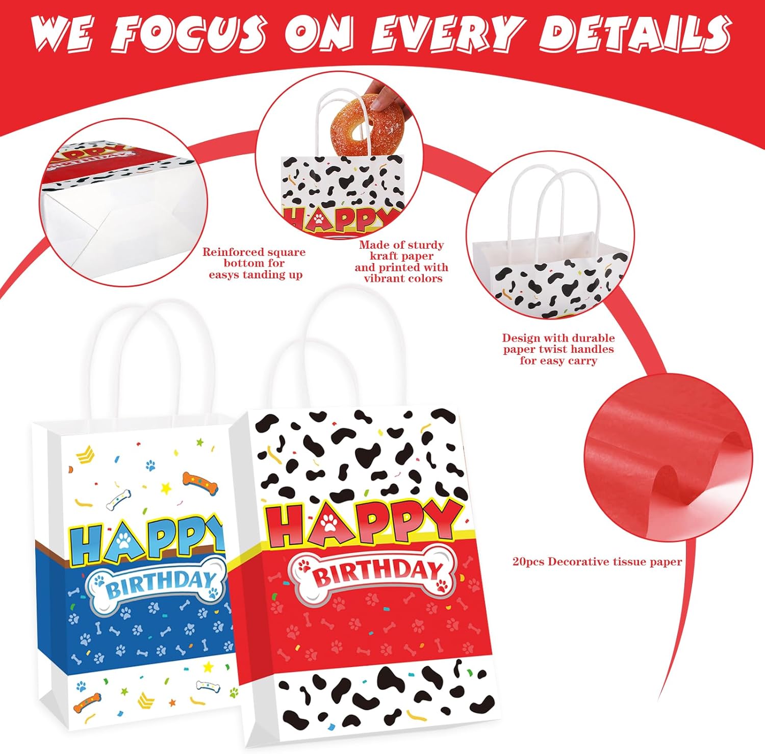 16 Pack Cartoon Dog Paw Gift Bags with Tissue Paper