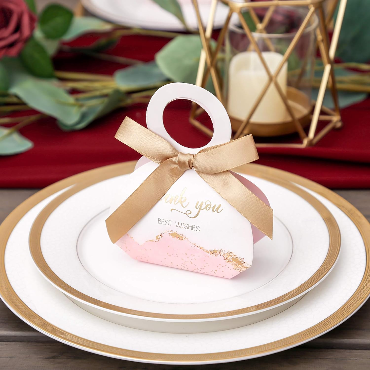 DORIS HOME 50 Pcs Pink Wedding Favor Boxes with Ribbons