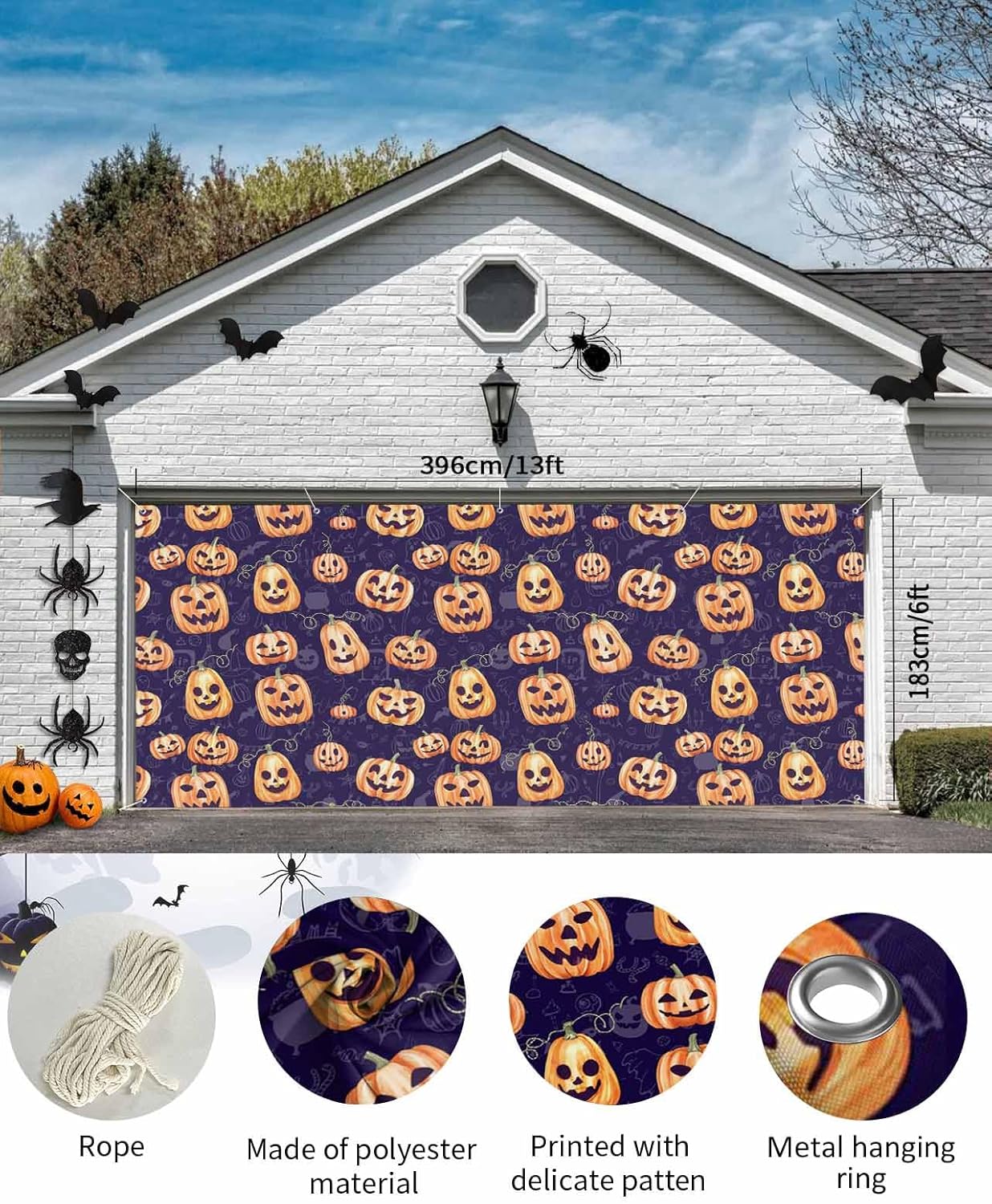 Funny Orange Pumpkin Garage Door Cover 7x8ft with Hanging Rings
