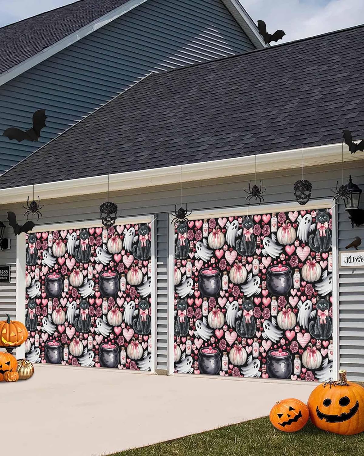 Halloween Cat Ghost Heart Garage Door Cover 7x8ft Black