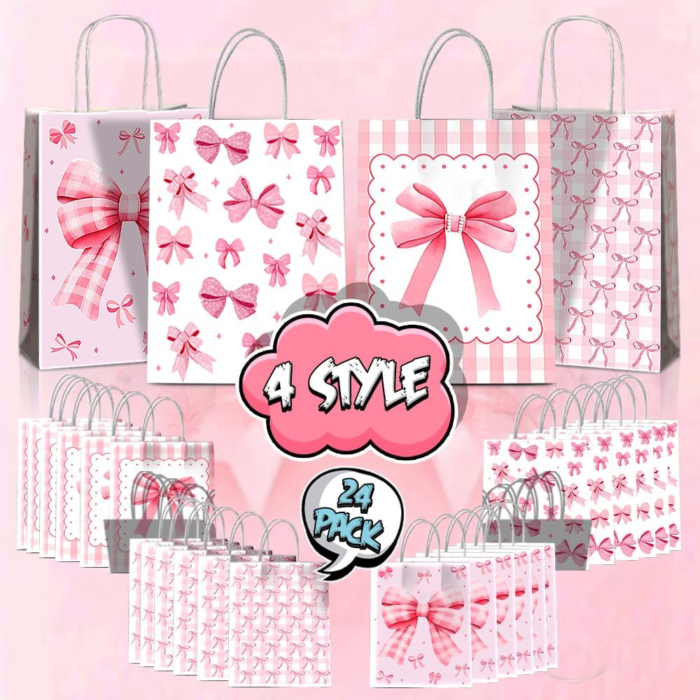 JOYGATHER 24 Pcs Pink Bow Party Favor Bags with Handles