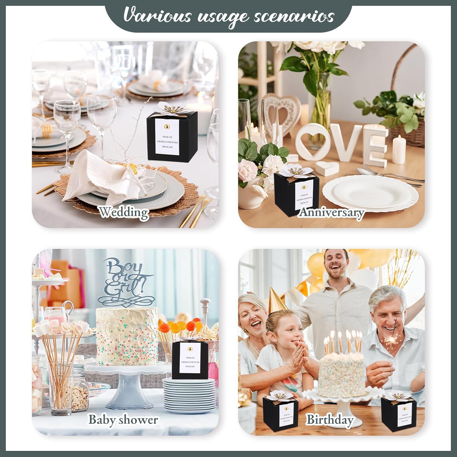 Affrolling 50 Pcs Black Wedding Favor Boxes with Thank You Card