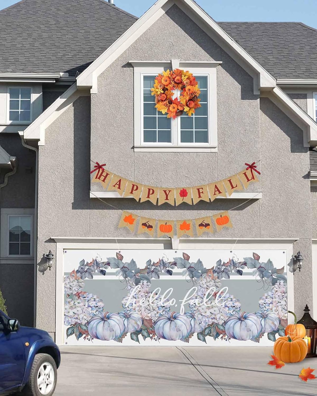 Thanksgiving Pumpkin Floral Garland Garage Door Cover 7x8ft