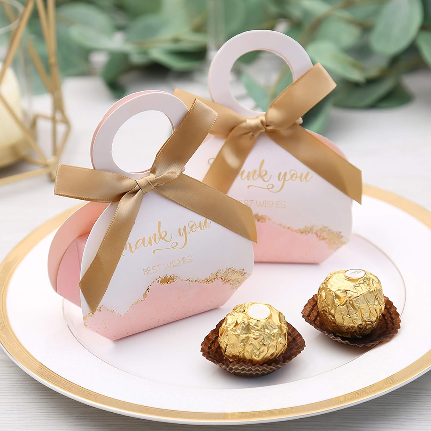 DORIS HOME 50 Pcs Pink Wedding Favor Boxes with Ribbons