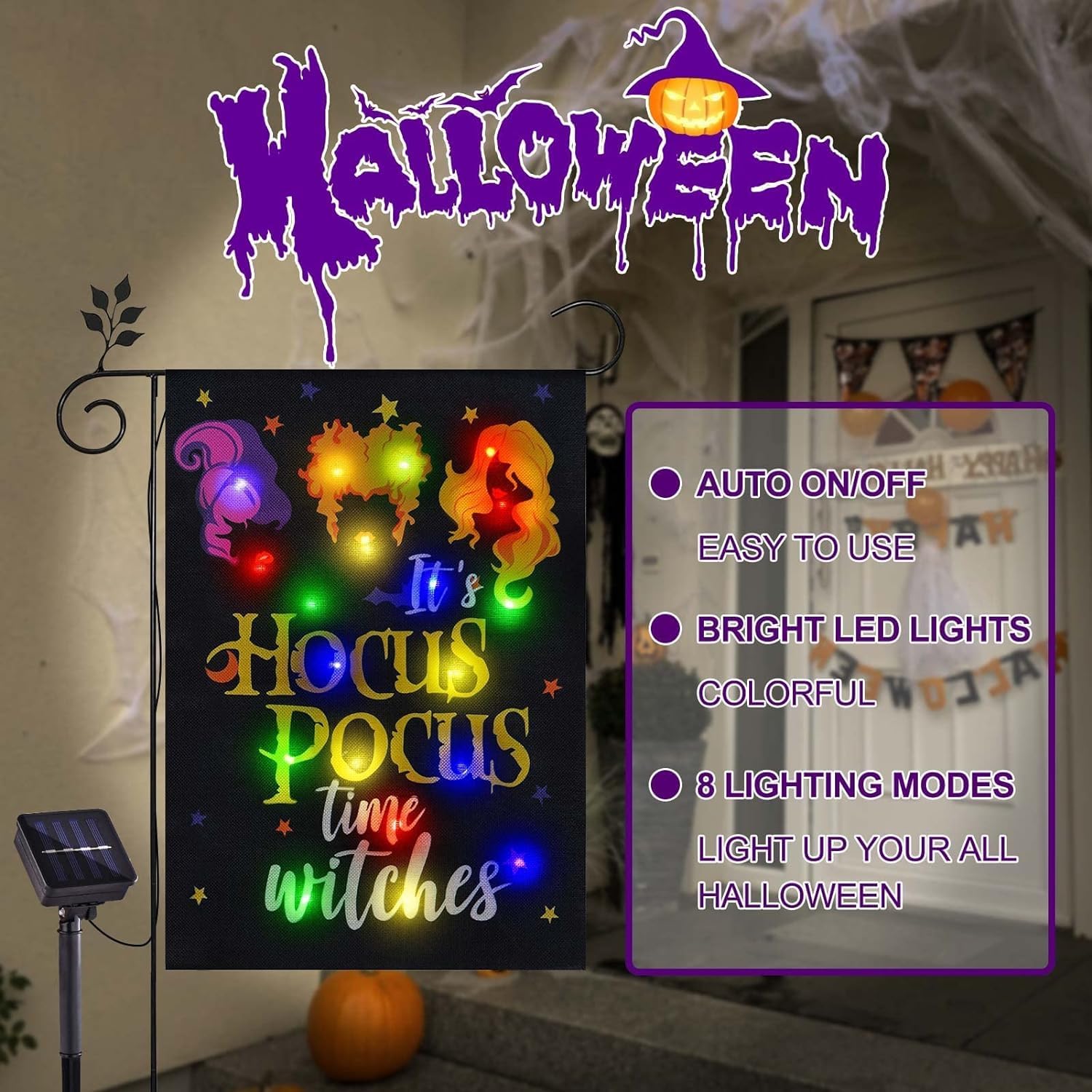 Solar Lighted Halloween Garden Flag Witches Decoration