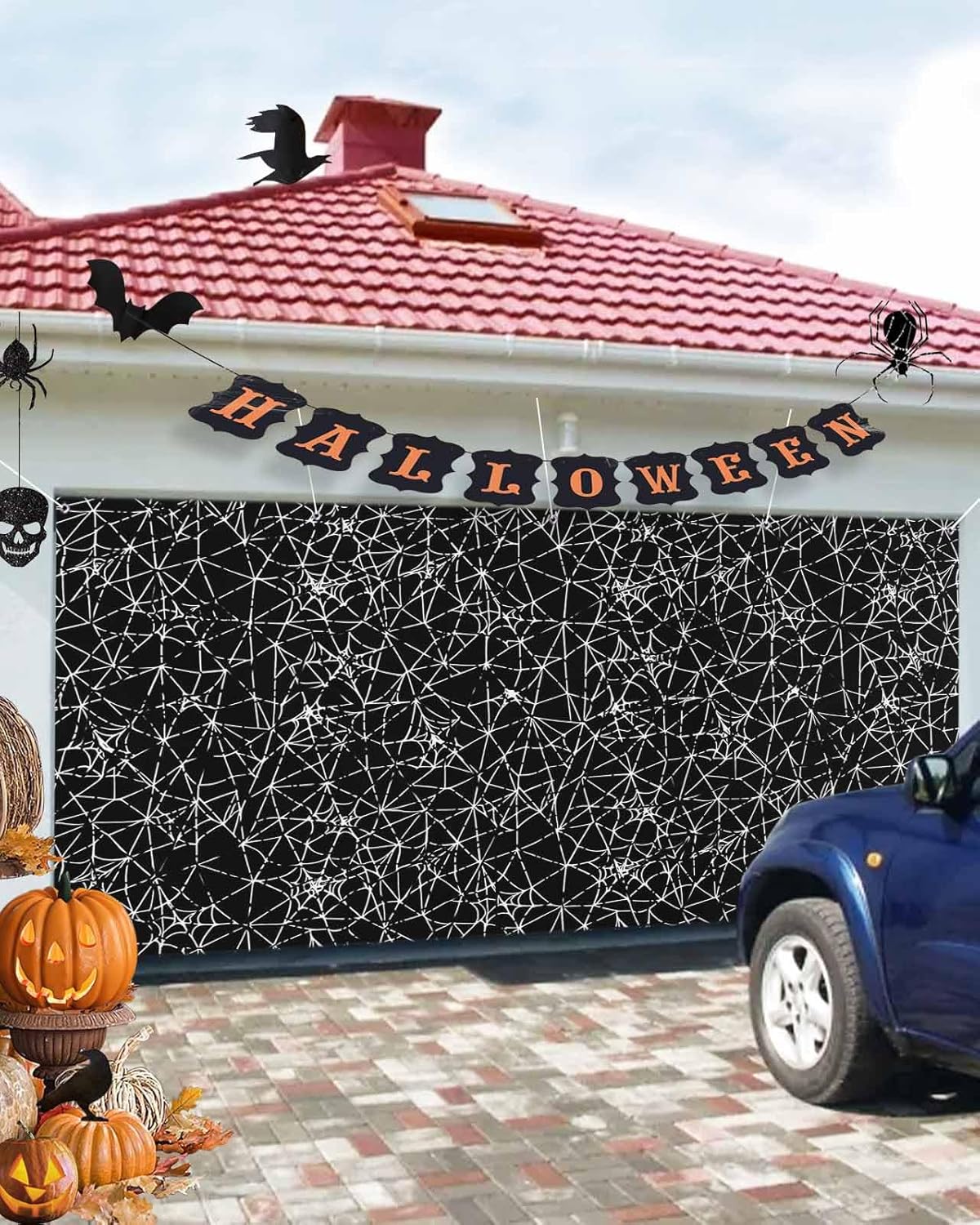 Scary Halloween Black Cobweb Garage Door Cover 7x8ft