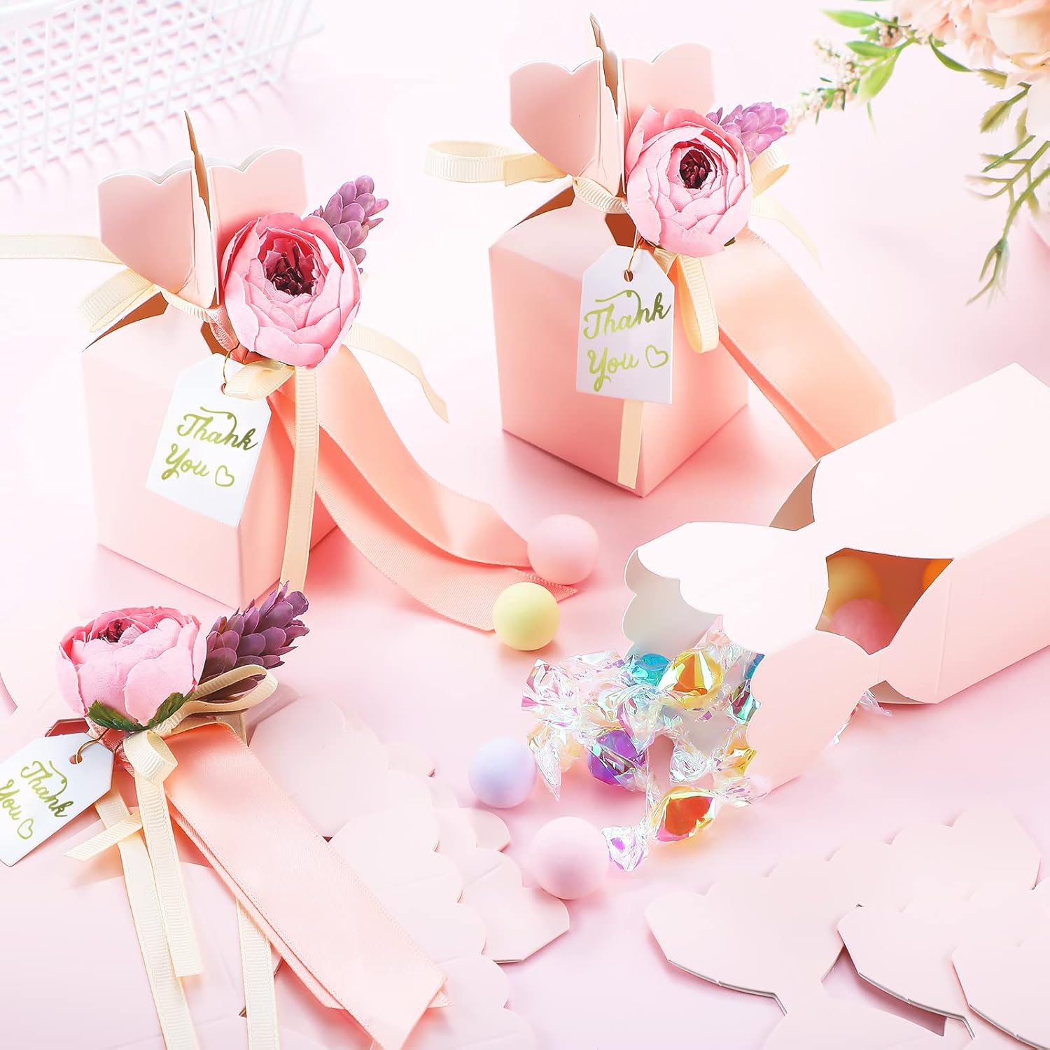 TaoBary 50 Pcs Pink Wedding Gift Boxes with Bow and Flower