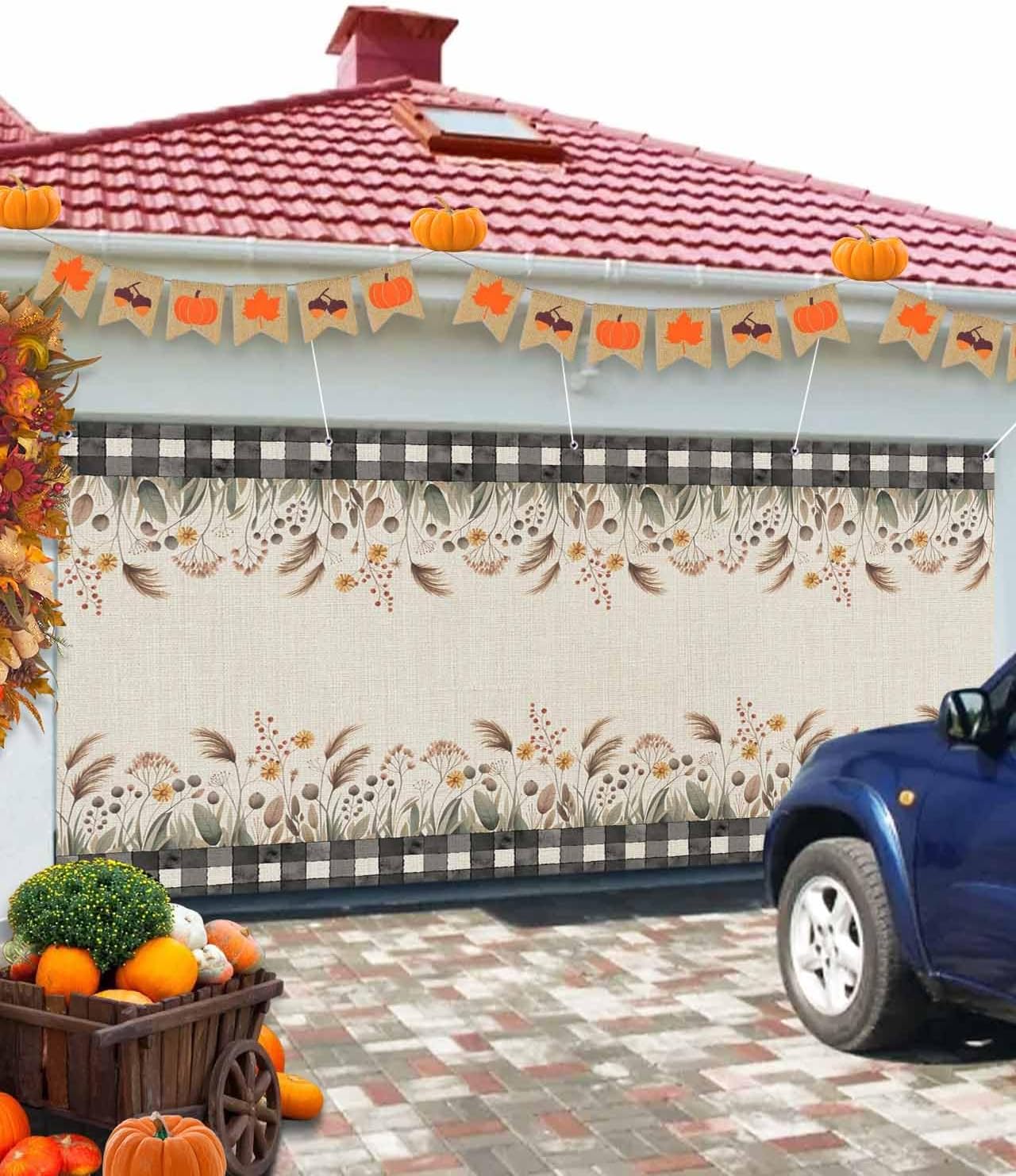 Wheat Sheaf Autumn Leaves Linen Garage Door Cover 7x8ft