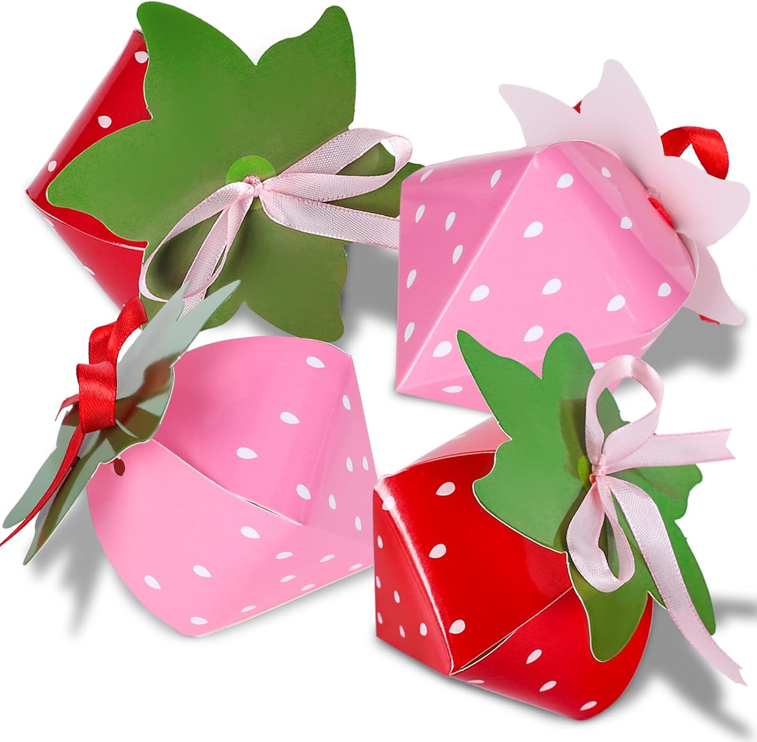 24Pcs Strawberry Shaped Treat Boxes with Ribbon Tape for Party Favors