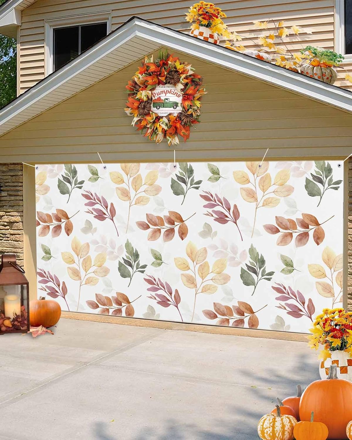 IDOWMAT Autumn Eucalyptus Leaf Garage Door Cover 7x8ft