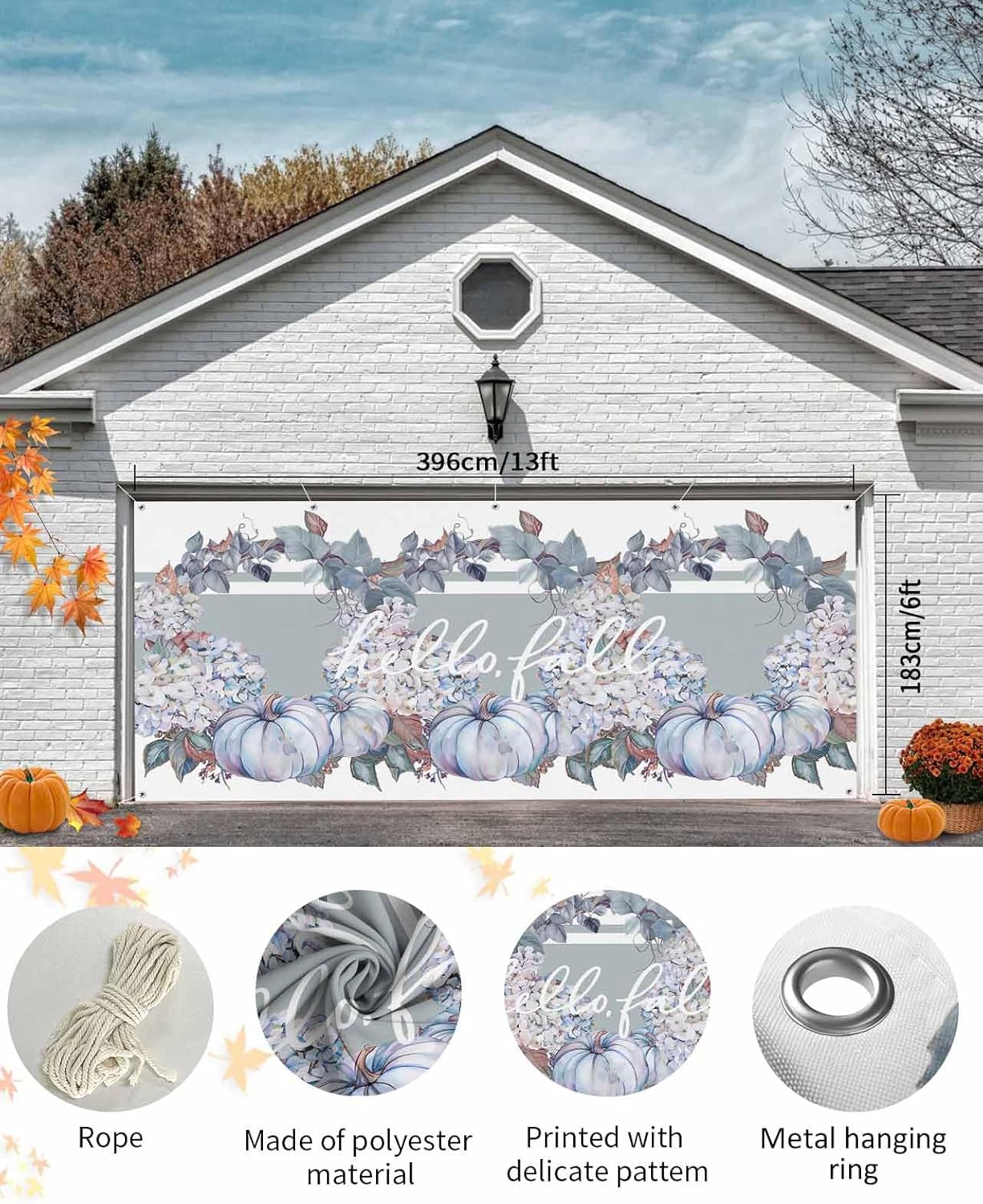 Thanksgiving Pumpkin Floral Garland Garage Door Cover 7x8ft