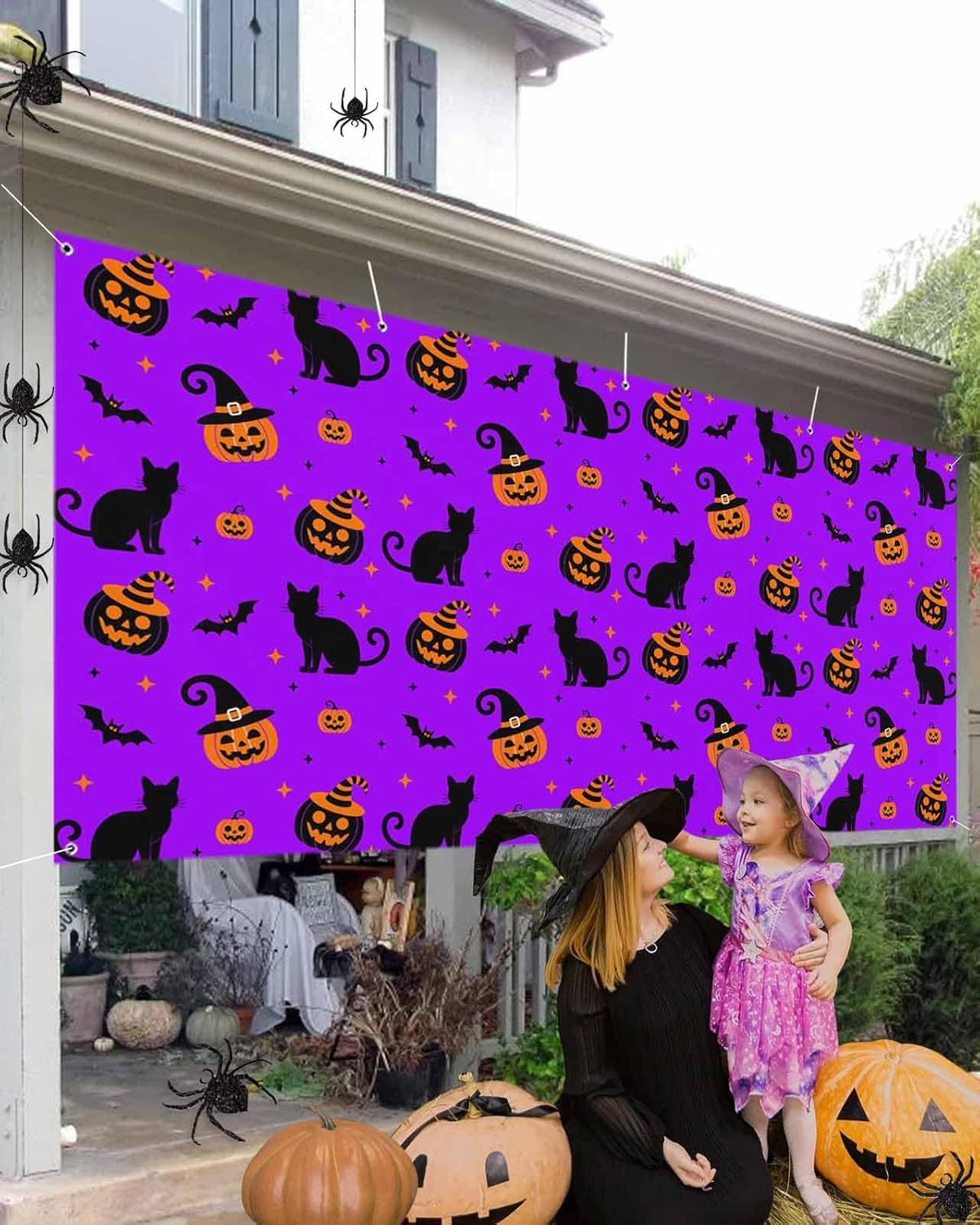 Halloween Cat Pumpkin Ghost Face Bat Garage Door Cover 7x8ft Purple