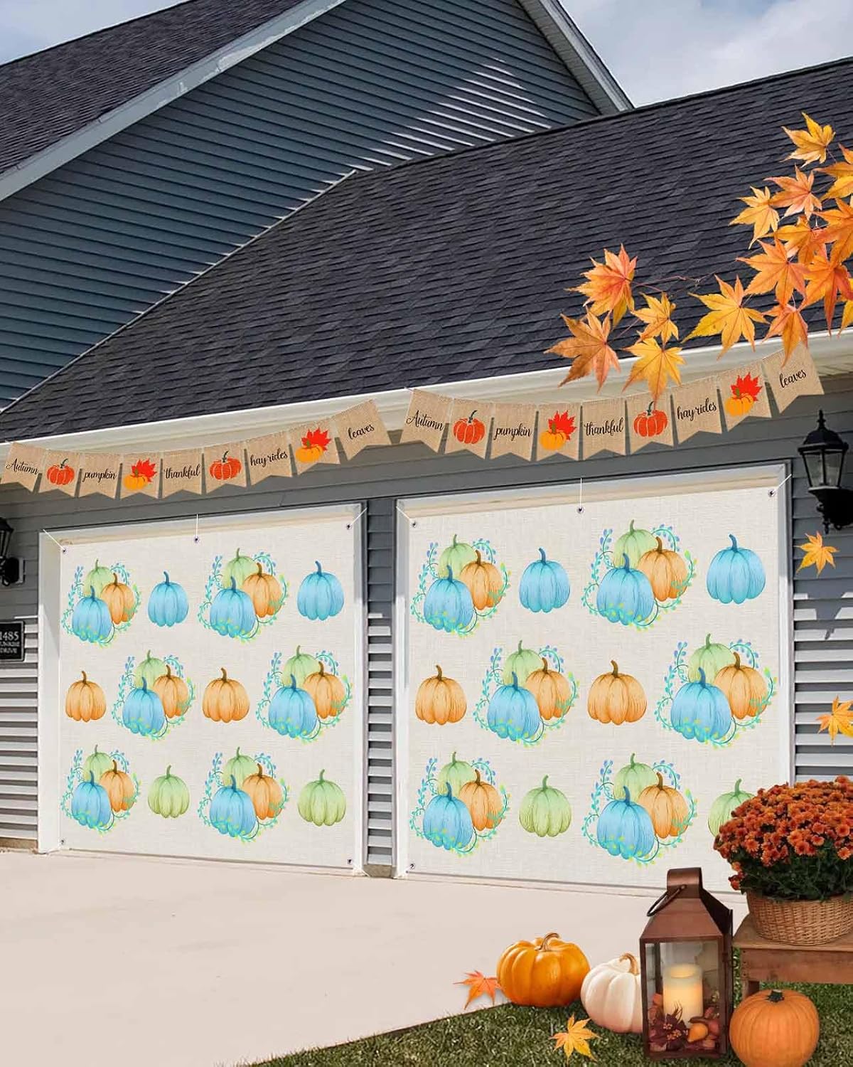 IDOWMAT Fall Thanksgiving Field Pumpkin Garage Door Cover 7x8ft Green