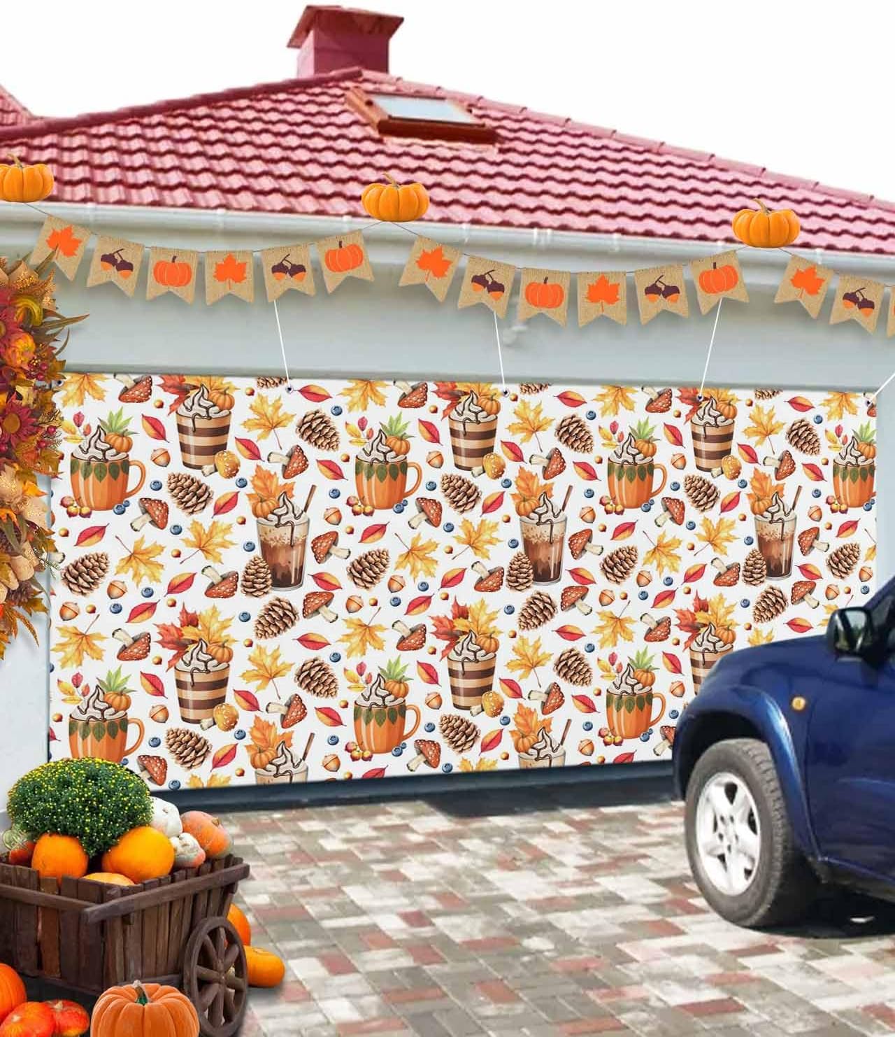 IDOWMAT Autumn Pumpkin Latte Banner 7x8ft Garage Door Cover