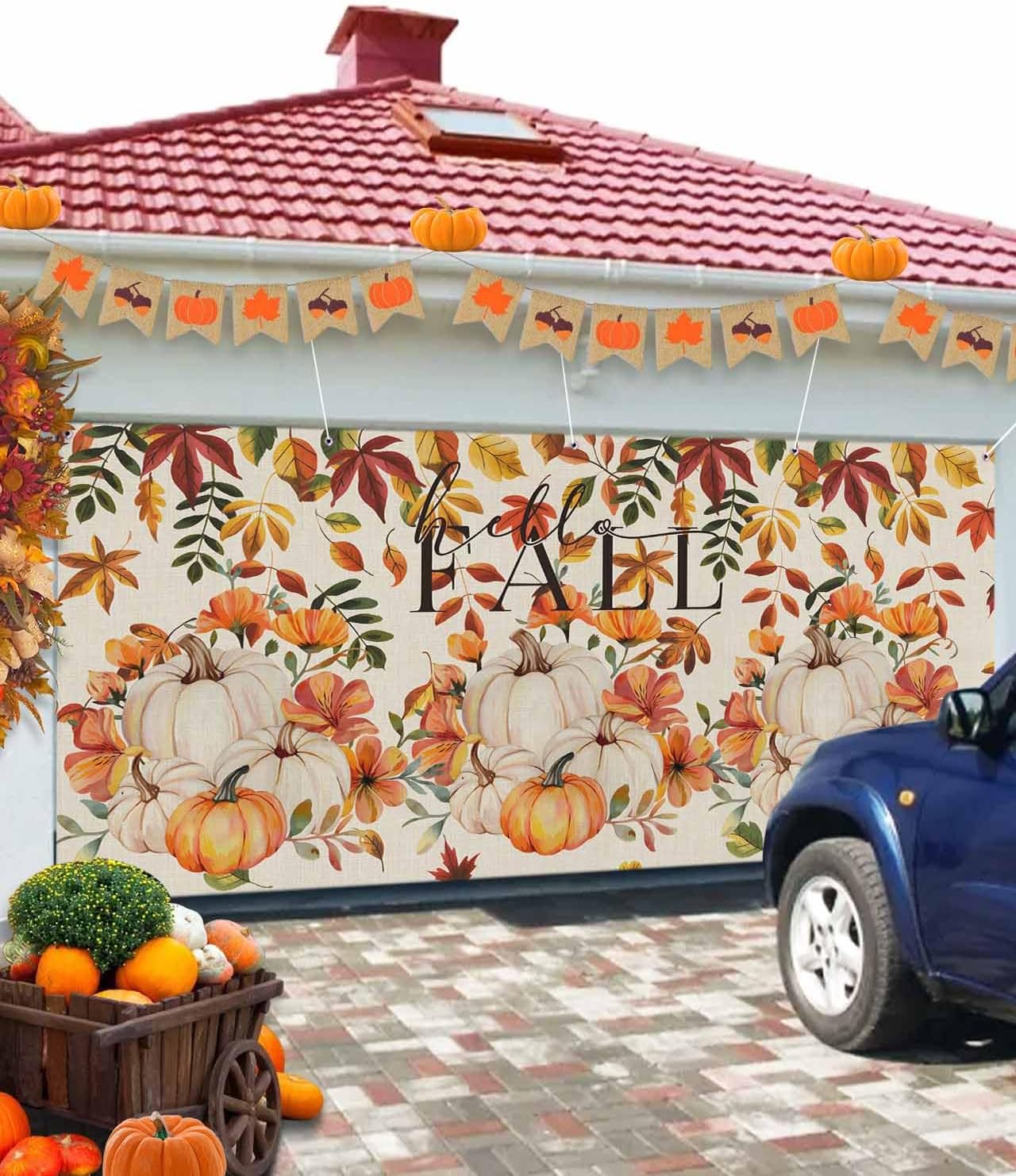 Autumn Orange Pumpkin Leaves Garage Door Cover 7x8ft