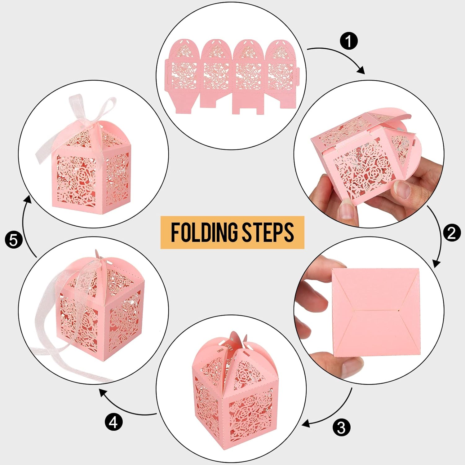 100pcs Pink Laser Cut Favor Boxes with Ribbons