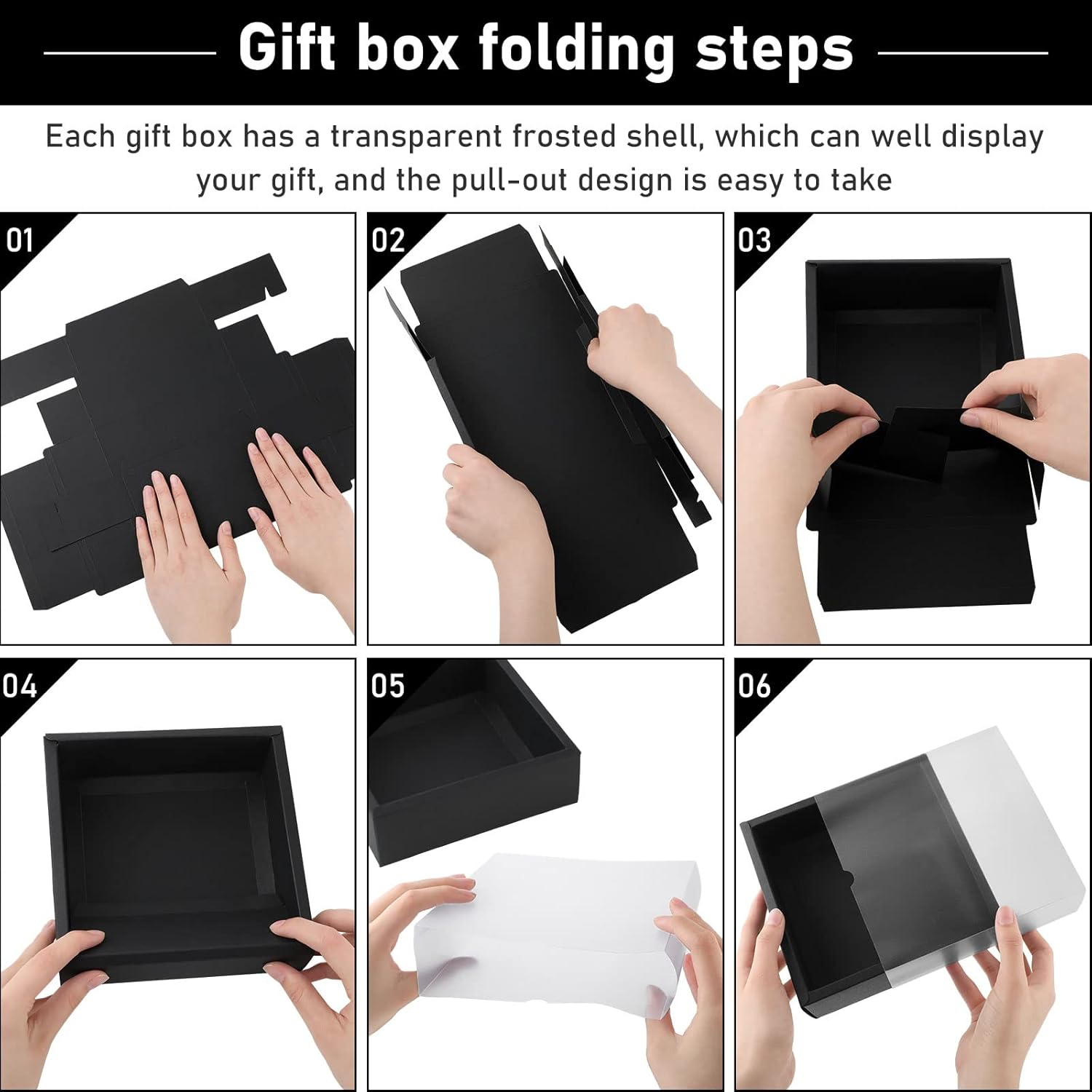 Roowest 50 pcs Rectangle Kraft Gift Boxes with Window Black 65x65x2 Inch