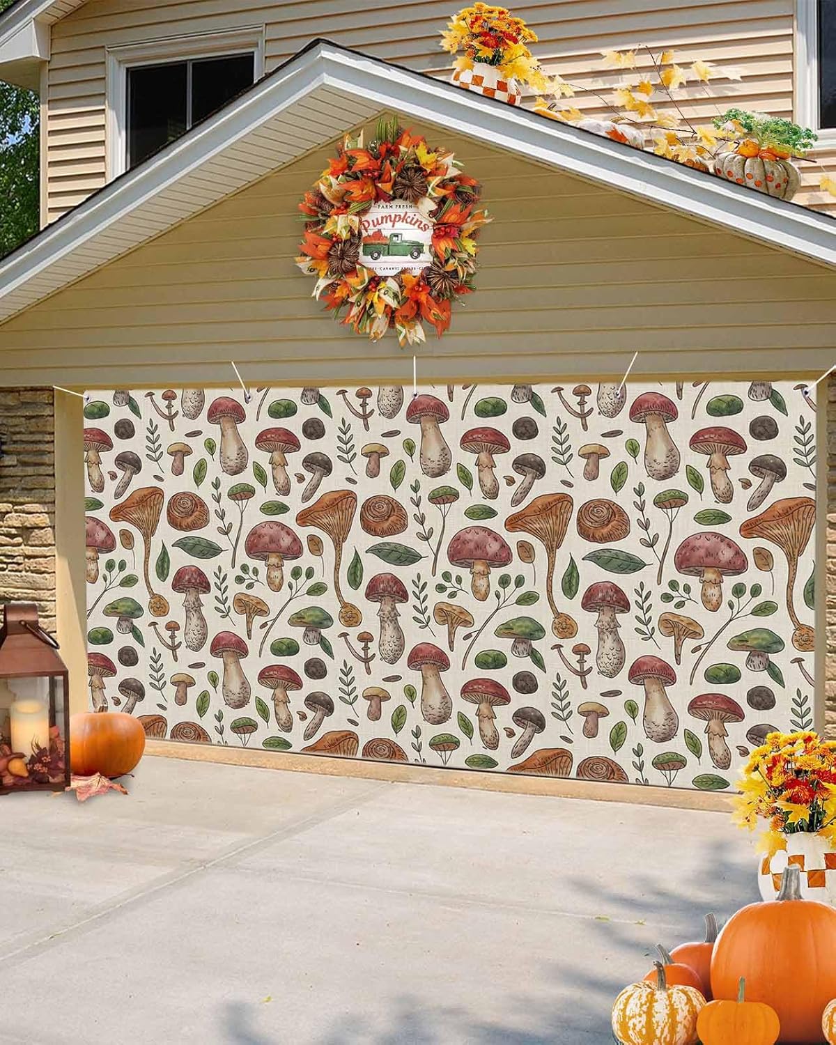 Brown Mushroom Green Leaves Retro Garage Door Cover 7x8ft