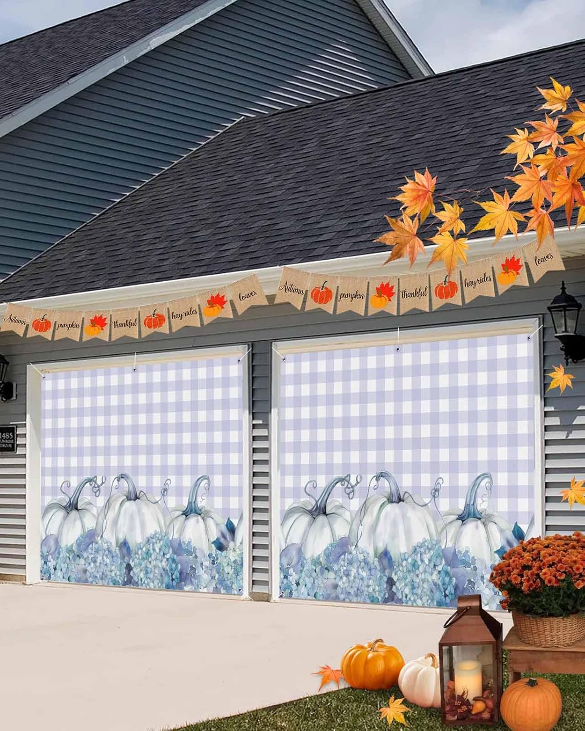 IDOWMAT Fall Thanksgiving Pumpkin Hydrangea Floral Garage Door Cover 6x13ft