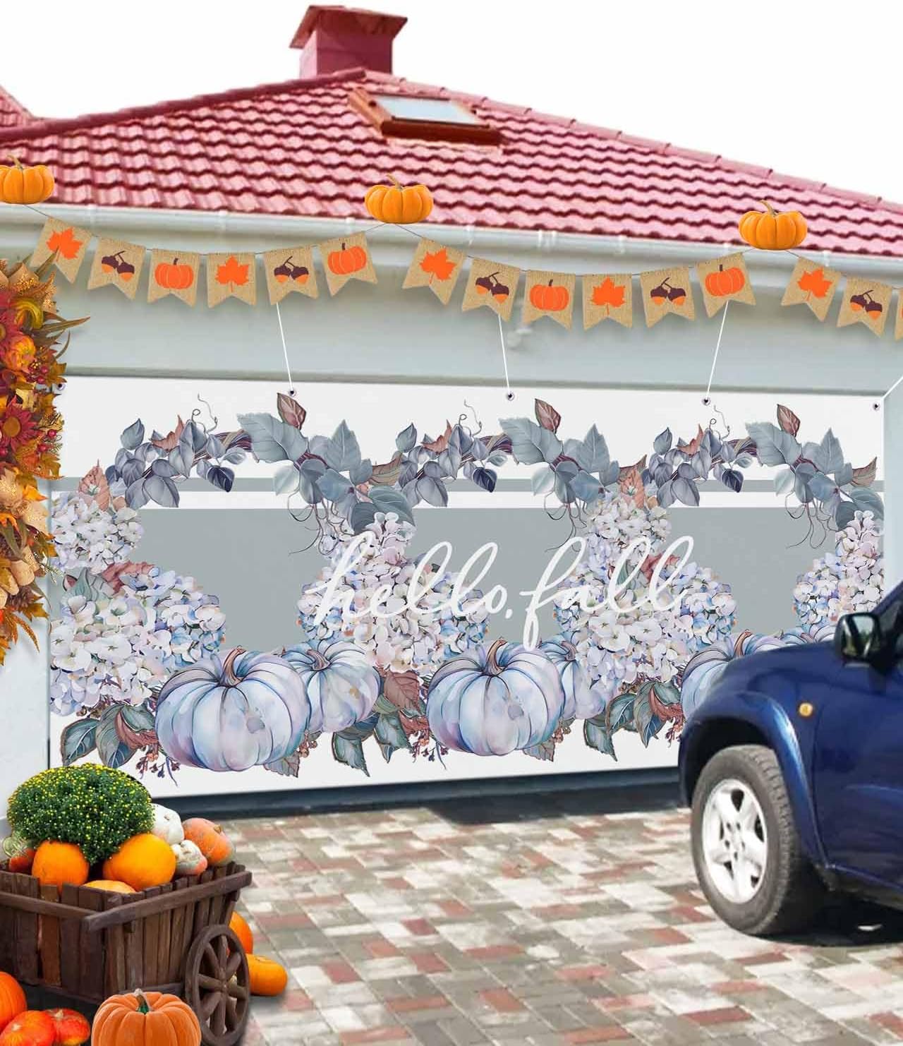 Thanksgiving Pumpkin Floral Garland Garage Door Cover 7x8ft