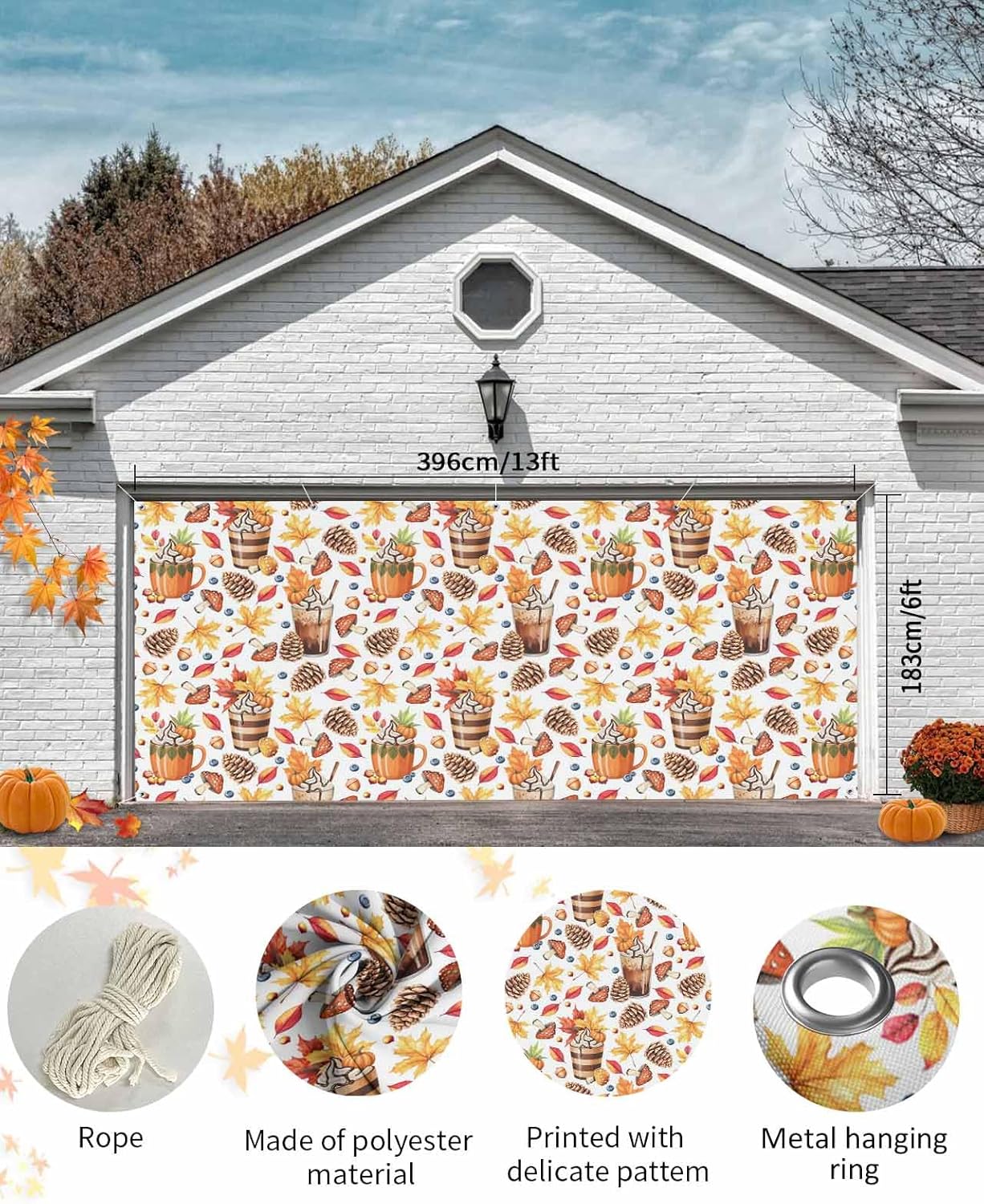 IDOWMAT Autumn Pumpkin Latte Banner 7x8ft Garage Door Cover