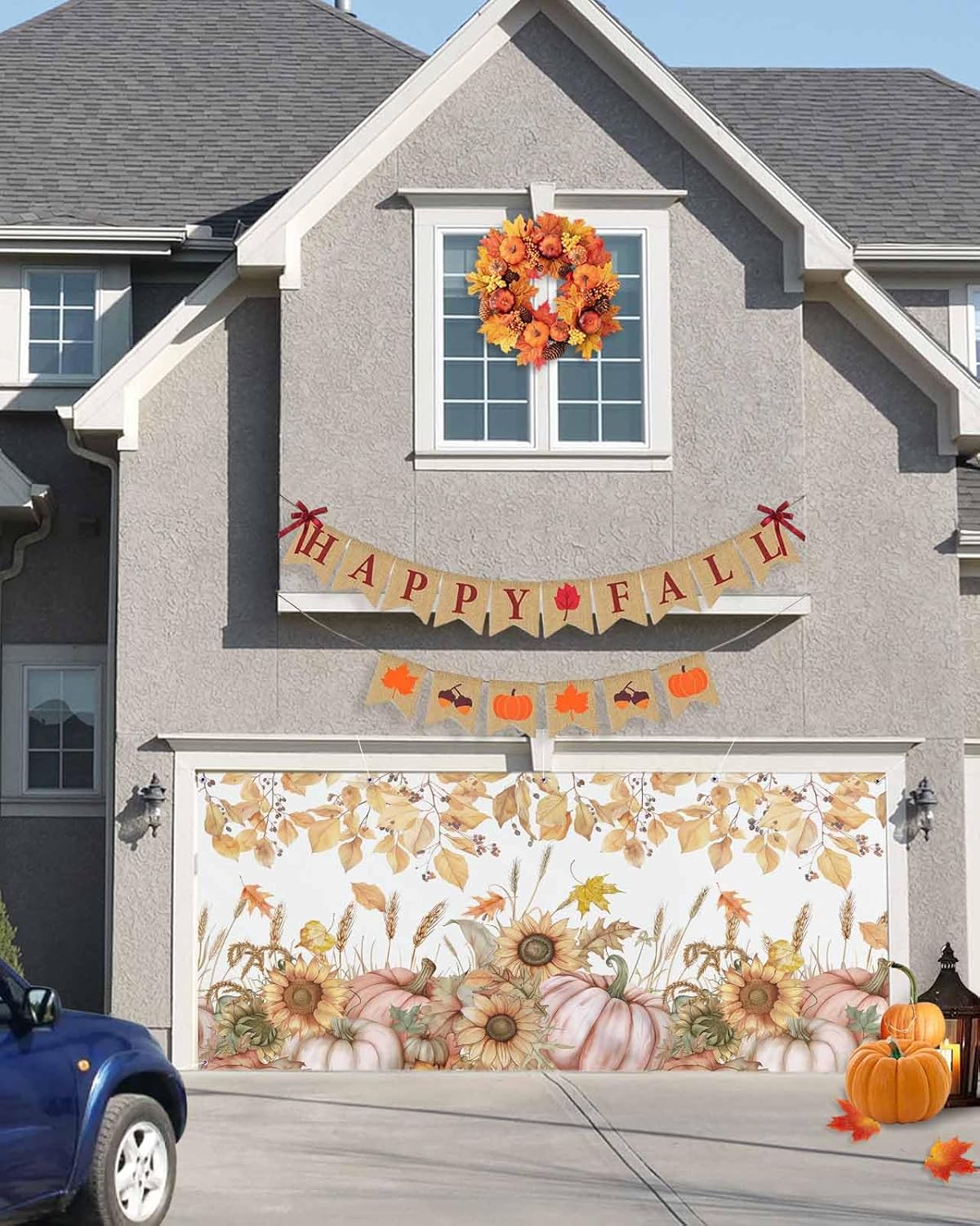 IDOWMAT Autumn Pumpkin Sunflower Garage Door Cover 7x8ft