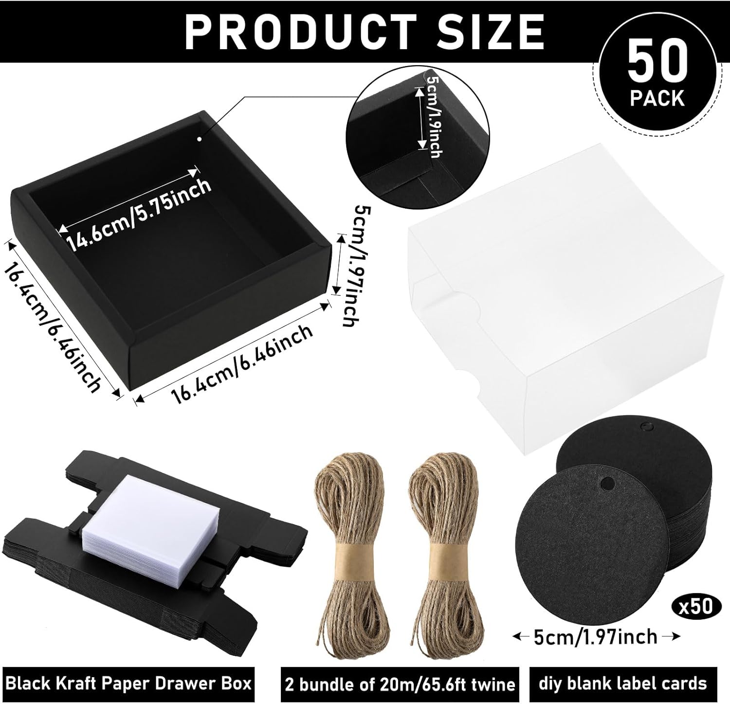 Roowest 50 pcs Rectangle Kraft Gift Boxes with Window Black 65x65x2 Inch