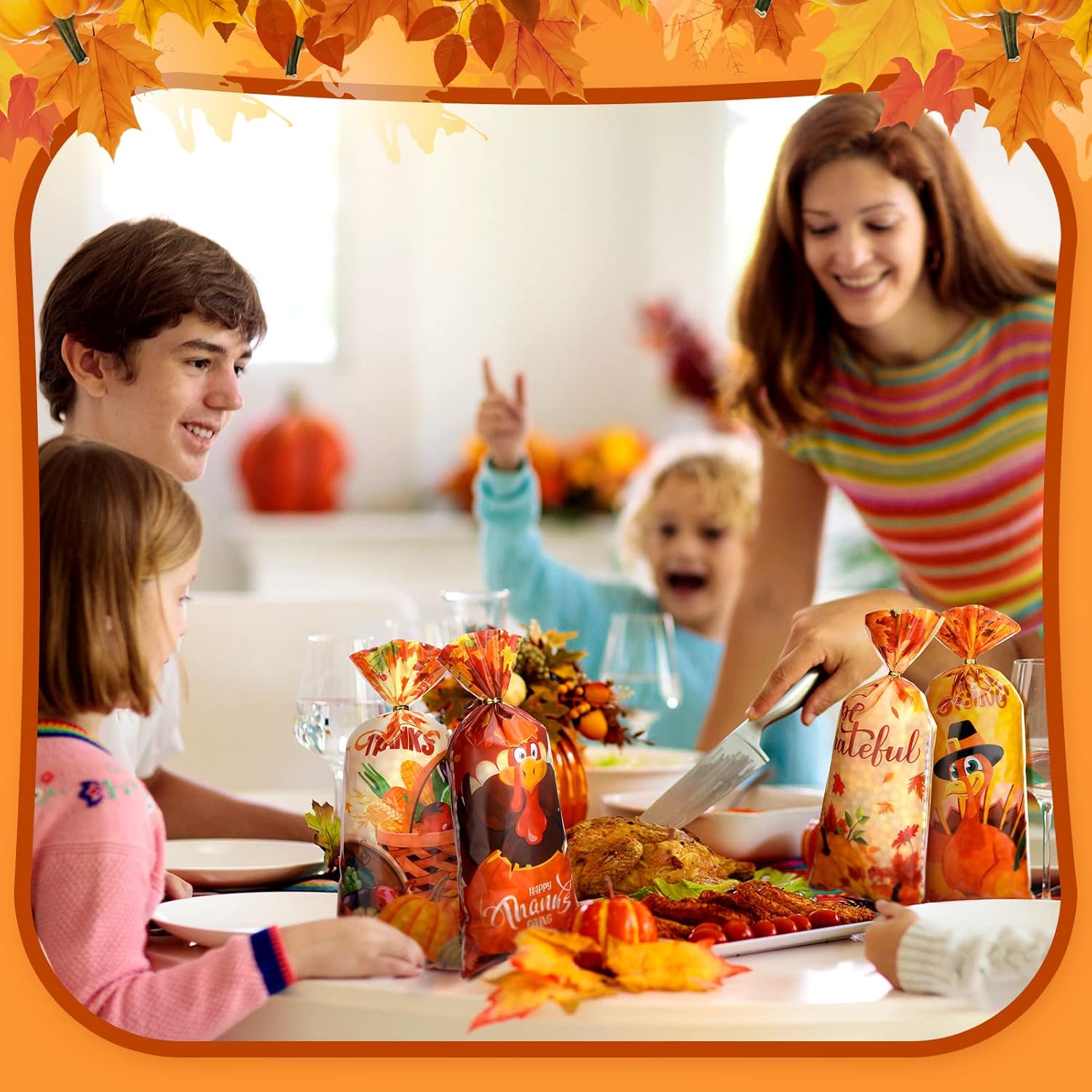 120 Pcs Thanksgiving Cellophane Bags with Gold Twist Ties