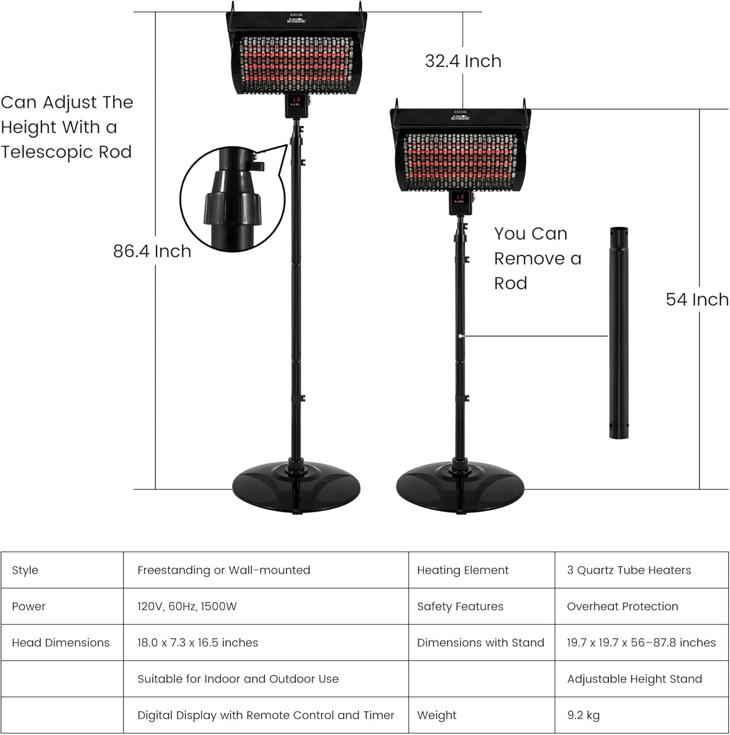 London Sunshine 1500W Electric Patio Heater with Remote Control