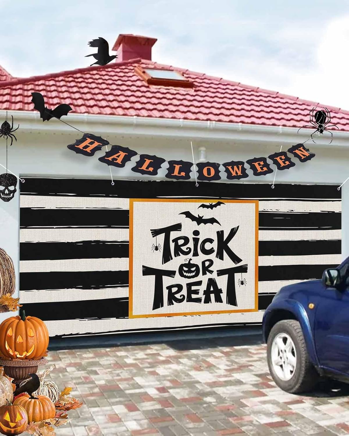 IDOWMAT Black Quotes Trick Or Treat Garage Door Cover 7x8ft
