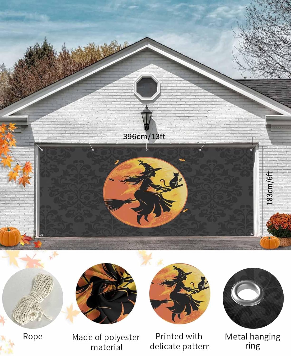 Halloween Black Witch Cat Garage Door Cover 7x8ft